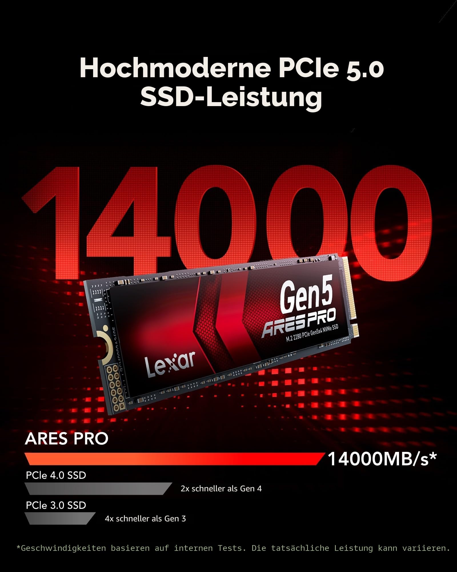 Lexar ARES PRO 2TB Gen5 NVMe M.2 SSD, PCIe 5.0 x4 Interne SSD, Bis zu 14.000 MB/s Lesen – für KI-Anwendungen, AAA-Gaming, Videoeditierung, Kompatibel mit PC, Laptops & PS 5