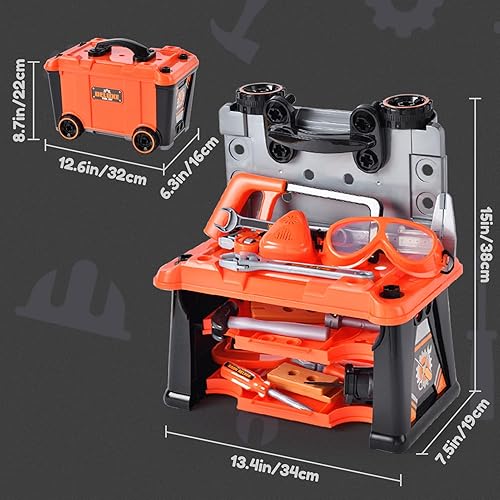 Miniatura 5 de Playhiland Banco de herramientas 2 en 1 para niños, 78 piezas, banco de herramientas para niños pequeños con caja de herramientas y taladro