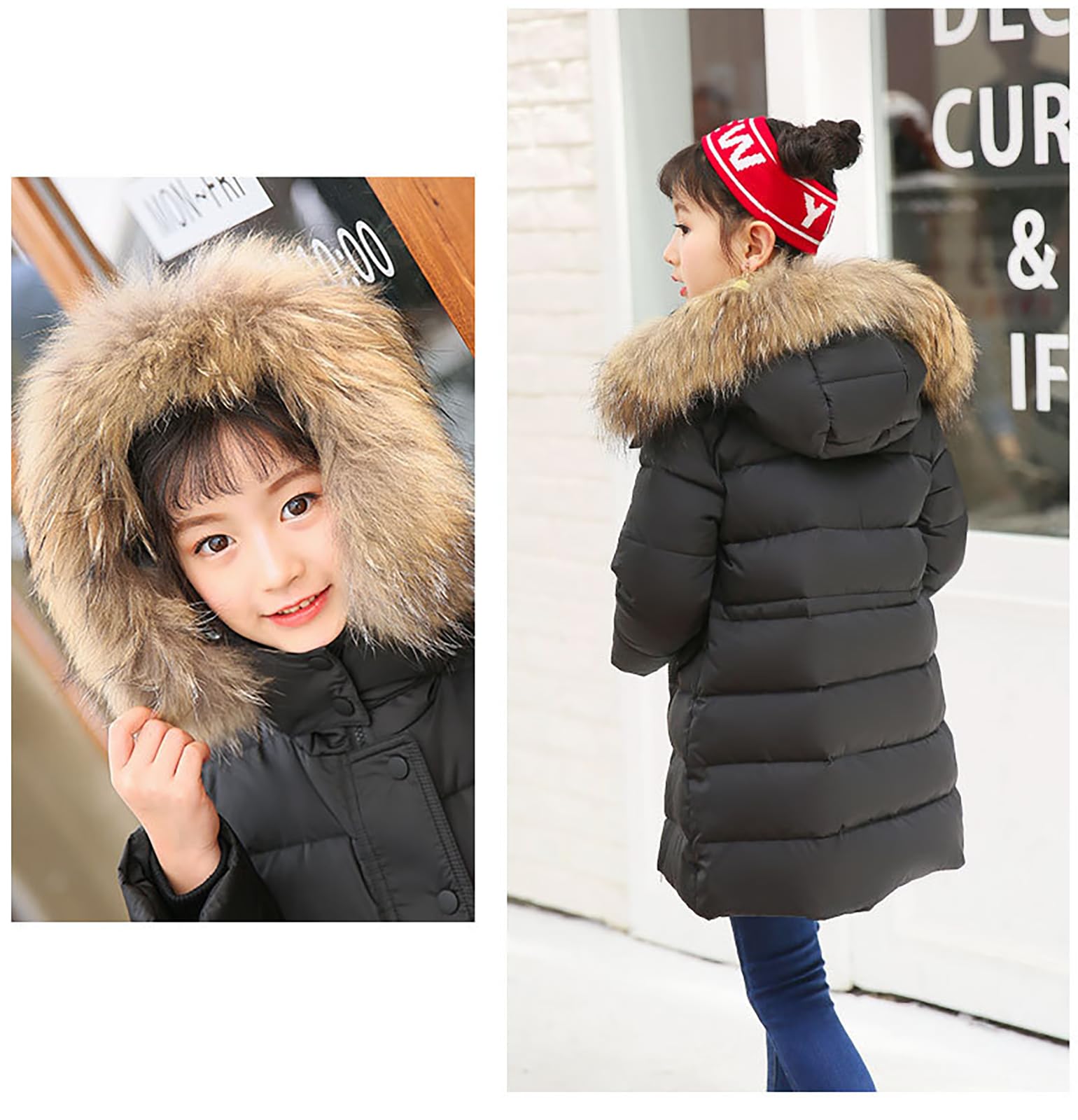 Cappotto per bambini e ragazze, parka, giacca a piumino, lunga e spessa, con cappuccio, pelliccia calda, invernale, per 2-13 anni
