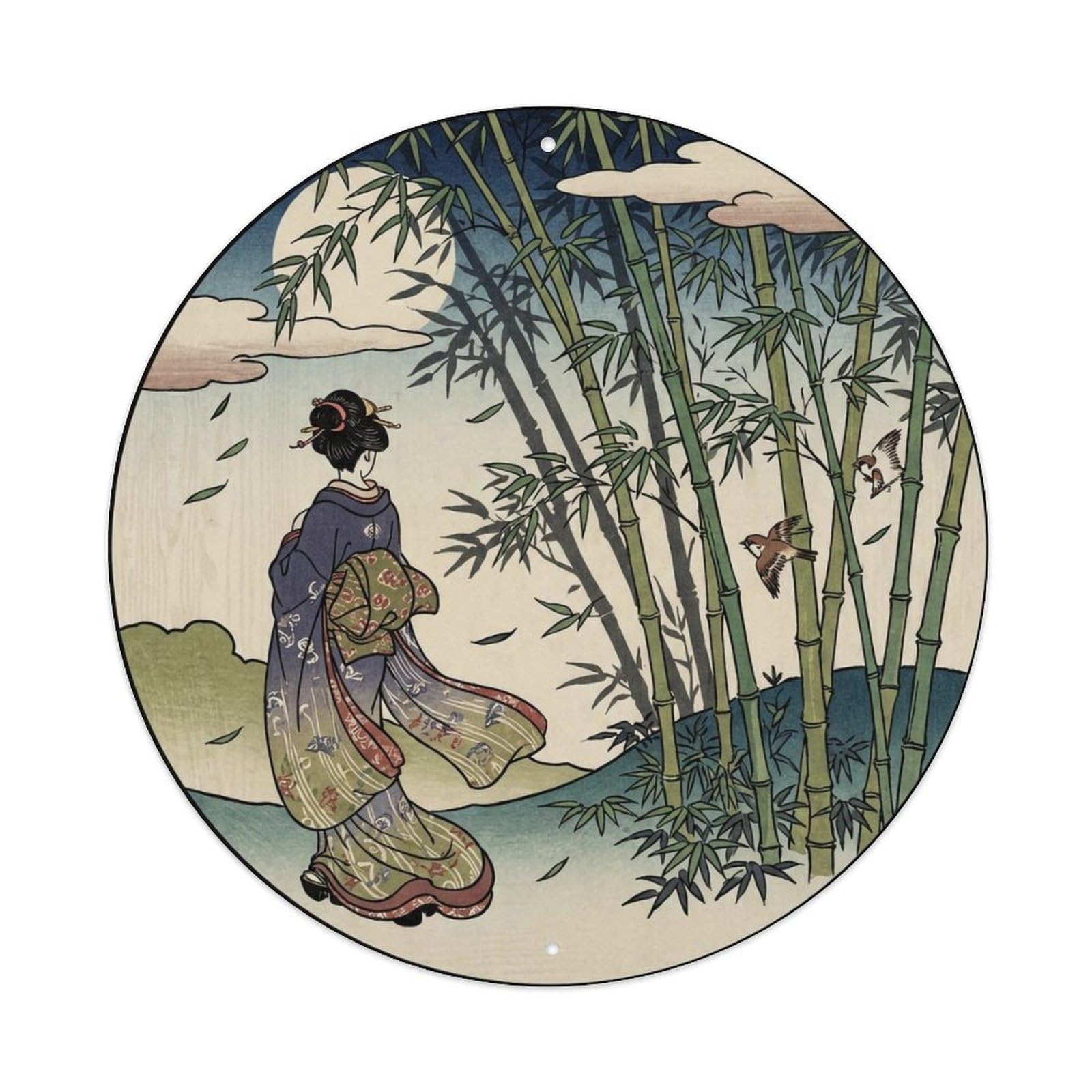 Japanese Geisha Bamboo Shadow Swaying Scenery Metal Tin Sign