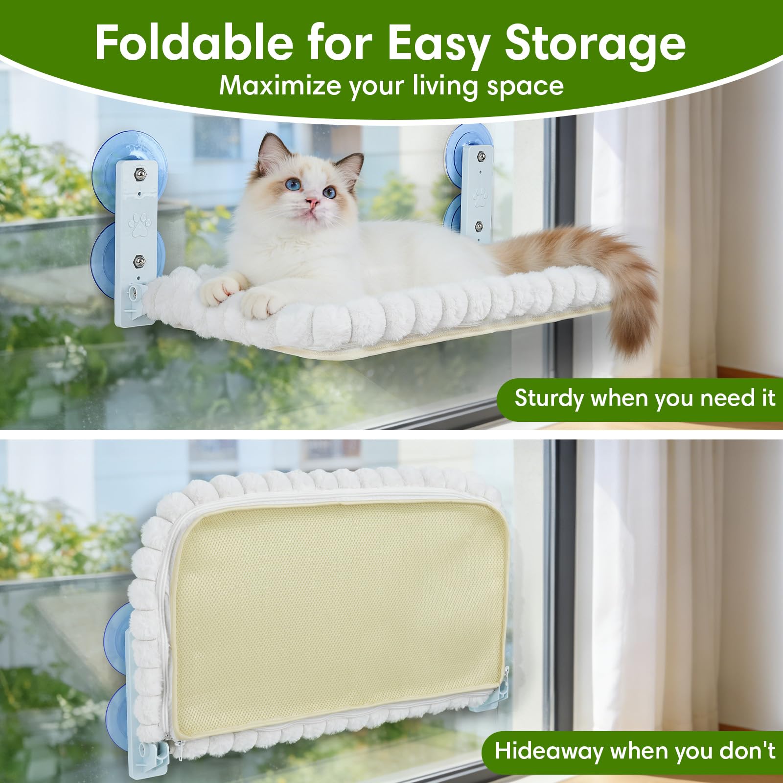YooxArmor Hamaca Gato Ventana Plegable & Sin Cables,Cama Gato Ventana con 4 Ventosa Fuerte & Funda Reversible,60×30cm,Resistente hasta 20 kg (Blanco, M)