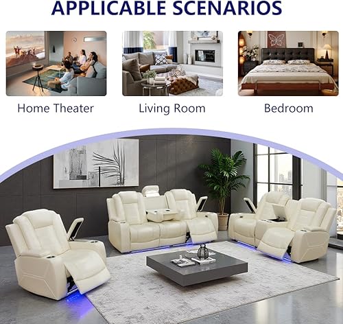 Miniatura 6 de Juego de sofá reclinable eléctrico de cuero con LED, juegos de muebles de sala de estar, 2 sofás reclinables, juego de sofá reclinable y silla con