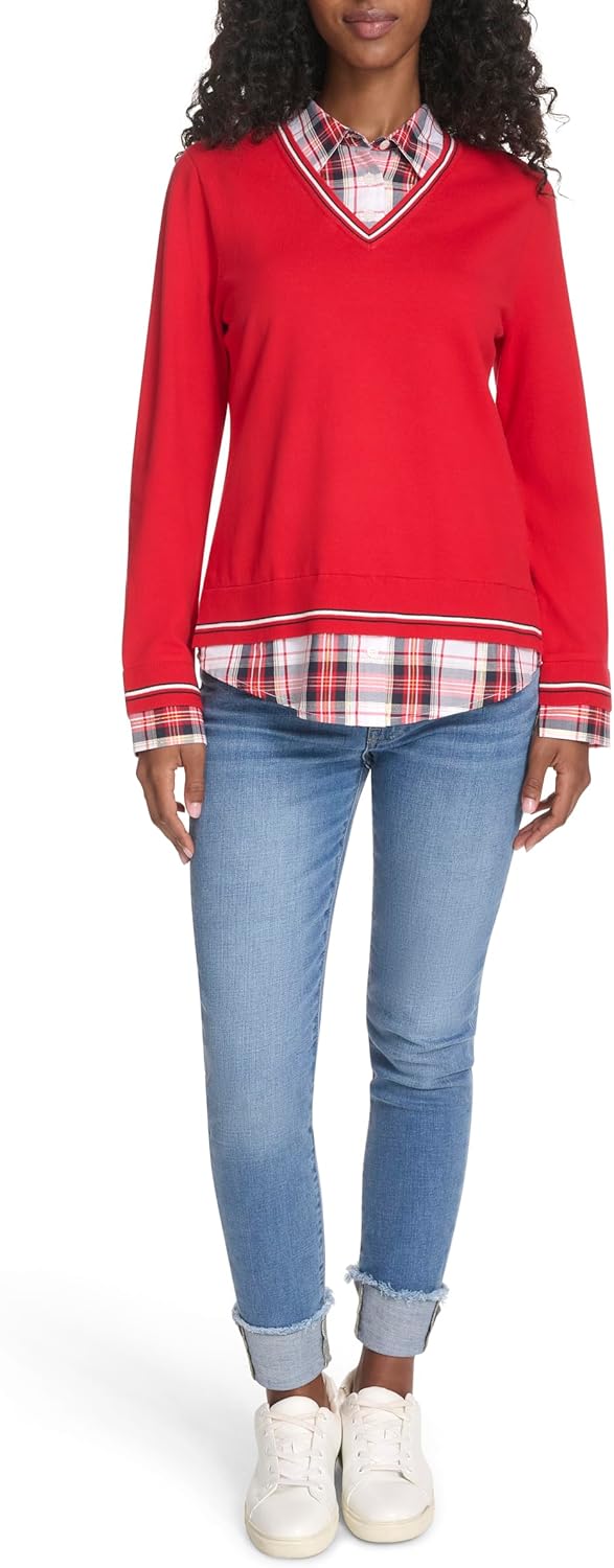 Tommy Hilfiger Womens Long Sleeve Button Up Collared Twofer Sweater - Image 2