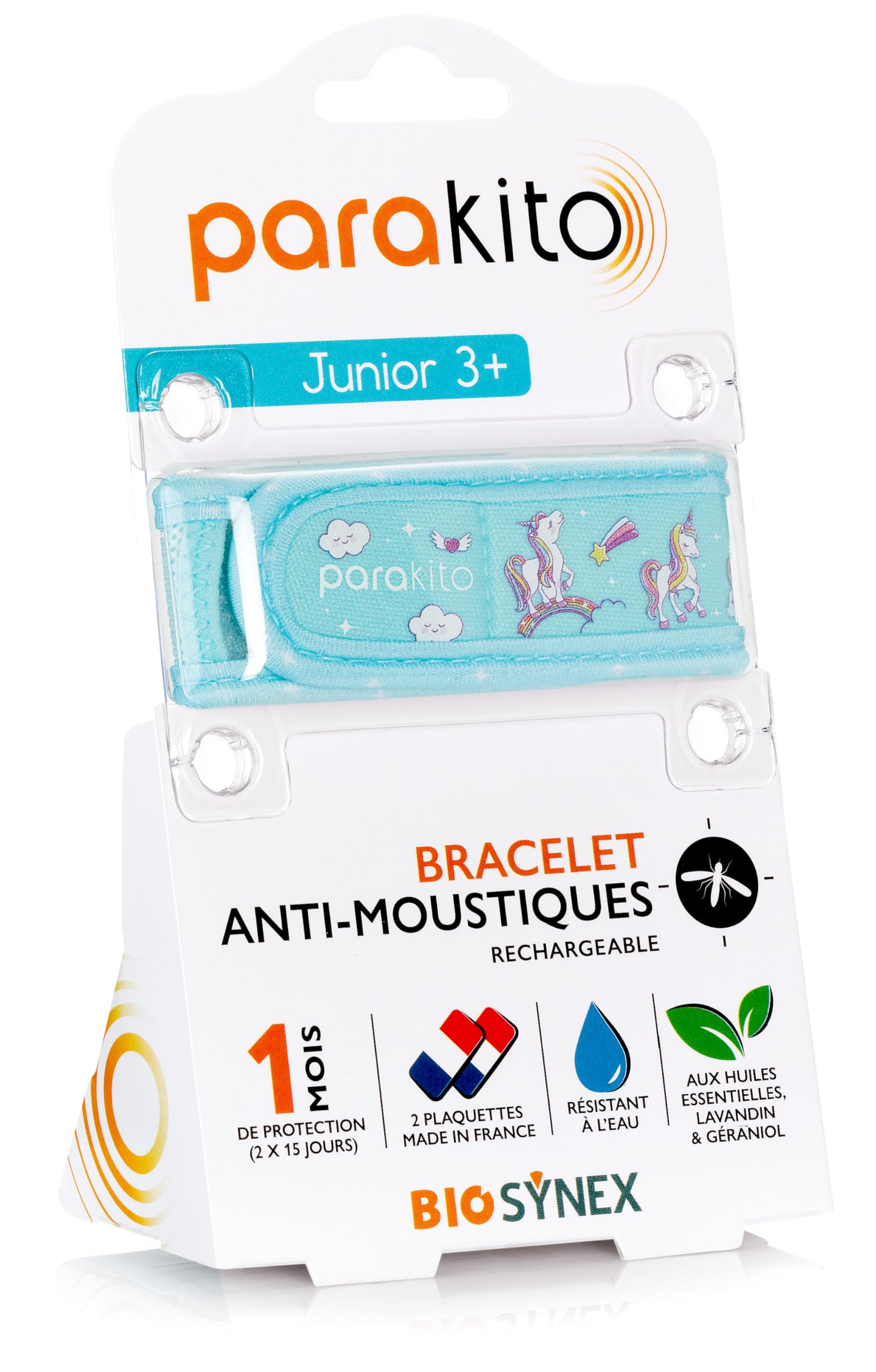 PARAKITO - Bracelet Anti-Moustiques Réutilisable - 2 Plaquettes Incluses aux Huiles Essentielles - 1 Mois de Protection - Sans DEET - Taille Junior 3+ (Licorne)