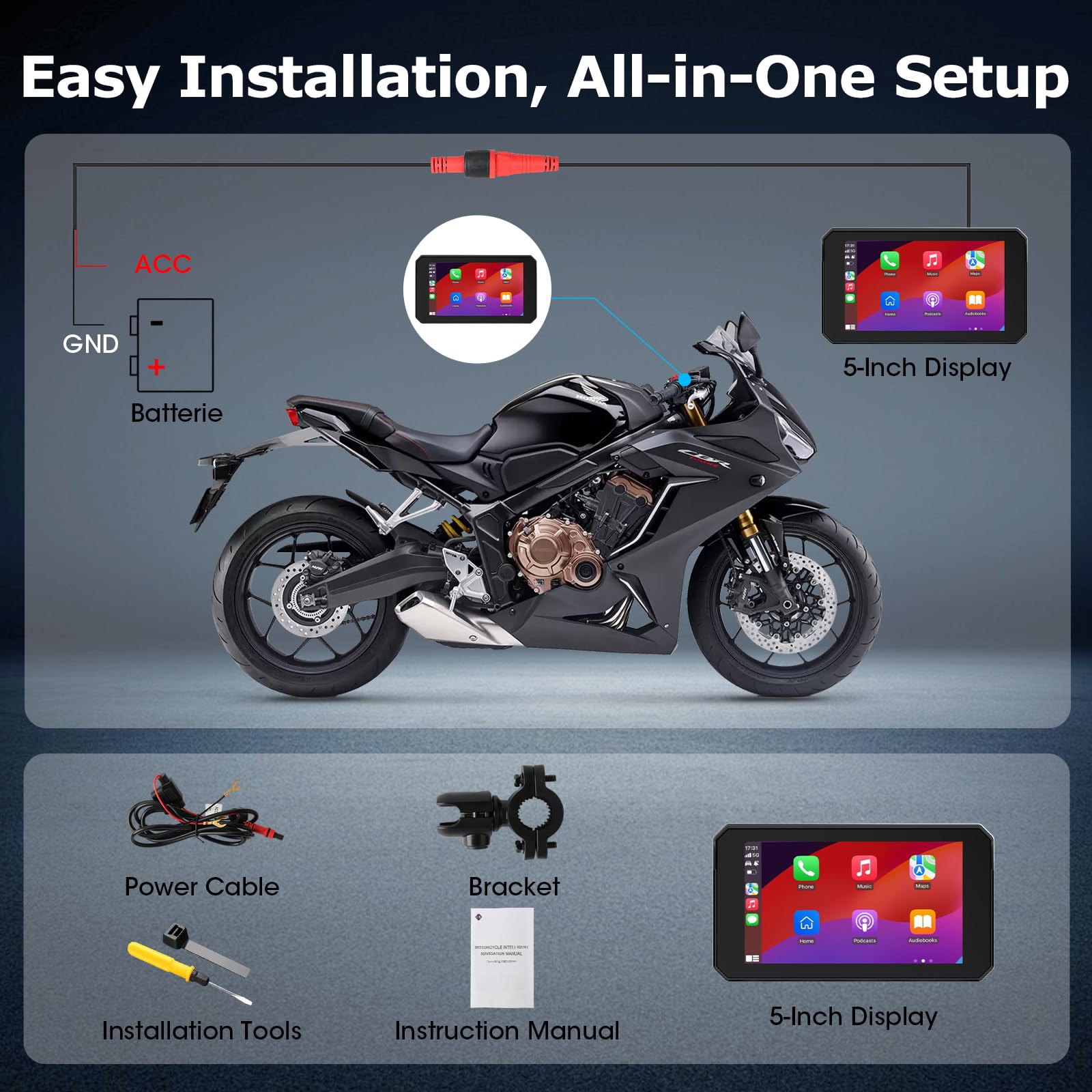 5 Zoll Motorrad Carplay Display, IP67 Ganzkörper Wasserdicht Motorrad navi Bluetooth GPS Siri/GOO-gle Assistente