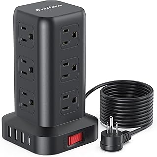 Surge Protector Power Strip 10 FT Cord, Power Strip Tower with 4 USB Ports (1USB C), Extension Cord with 12 AC Multiple Outlets, Home Office Supplies Desk Accessories, Dorm Room Essentials