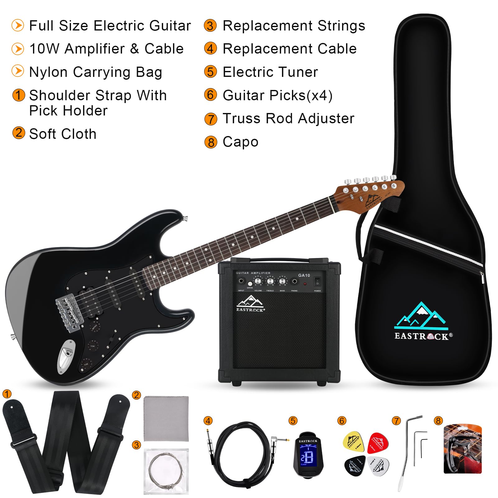 Eastrock E Gitarre Set E Guitar 39 Zoll Elektrogitarre mit Gitarre Tasche, Plektrum, Gurt, Instrumentenkabel, Ersatzsaiten, Geeignet für Anfänger und Erwachsene, E Gitarren Set in Schwarz