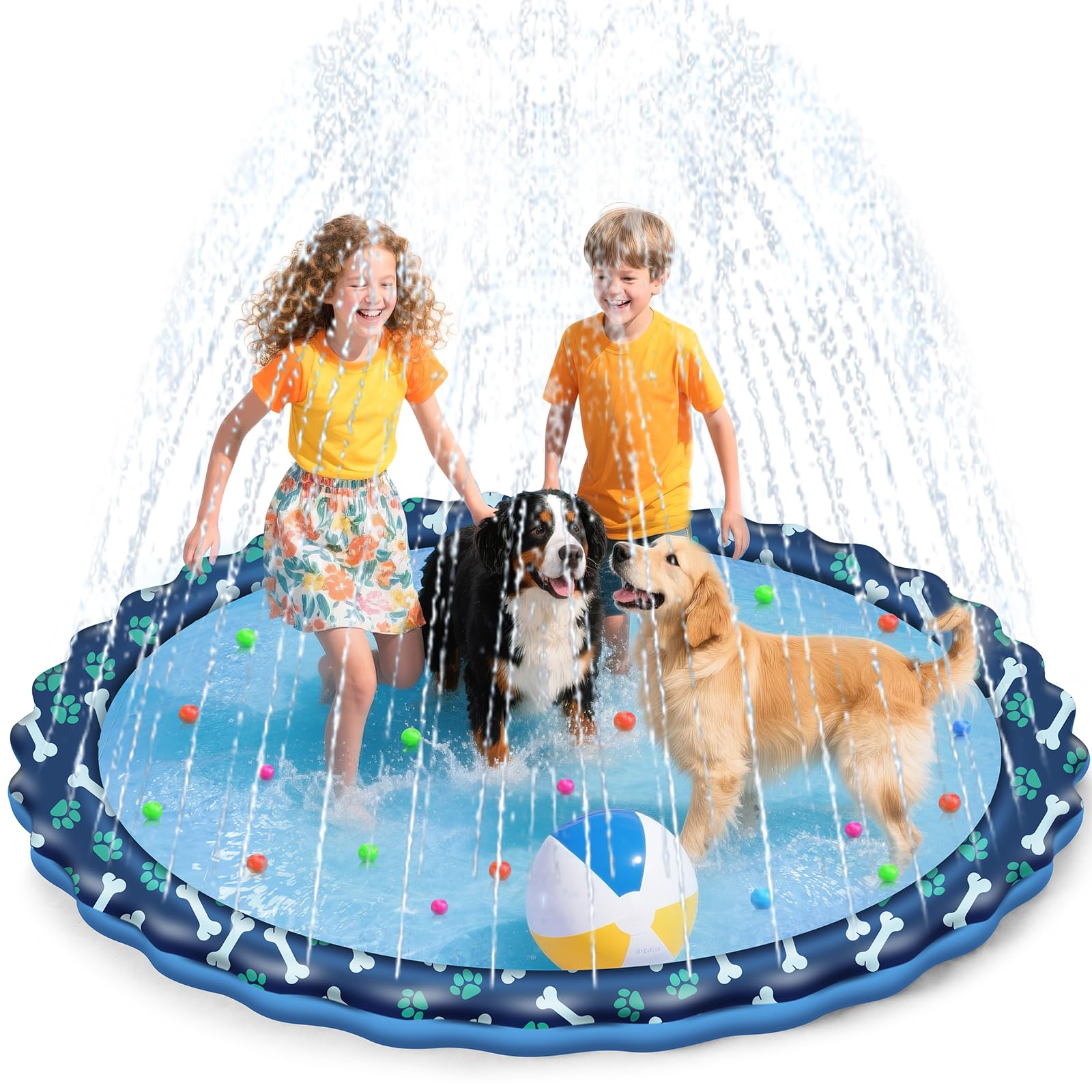 HaoVrisn Juegos de Agua para Niños Exterior, 170CM Juegos Piscina para Niños, Splash Pad Juegos Exterior Niños con Huellas y Dibujos de Huesos, Antideslizante y Fondo de PVC Espesado