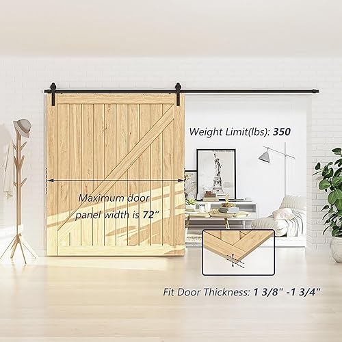 Miniatura 6 de ROOMTEC Kit de herrajes para puerta corrediza de granero de 12 pies, kit de riel de puerta de granero para una sola puerta, resistente, polea J