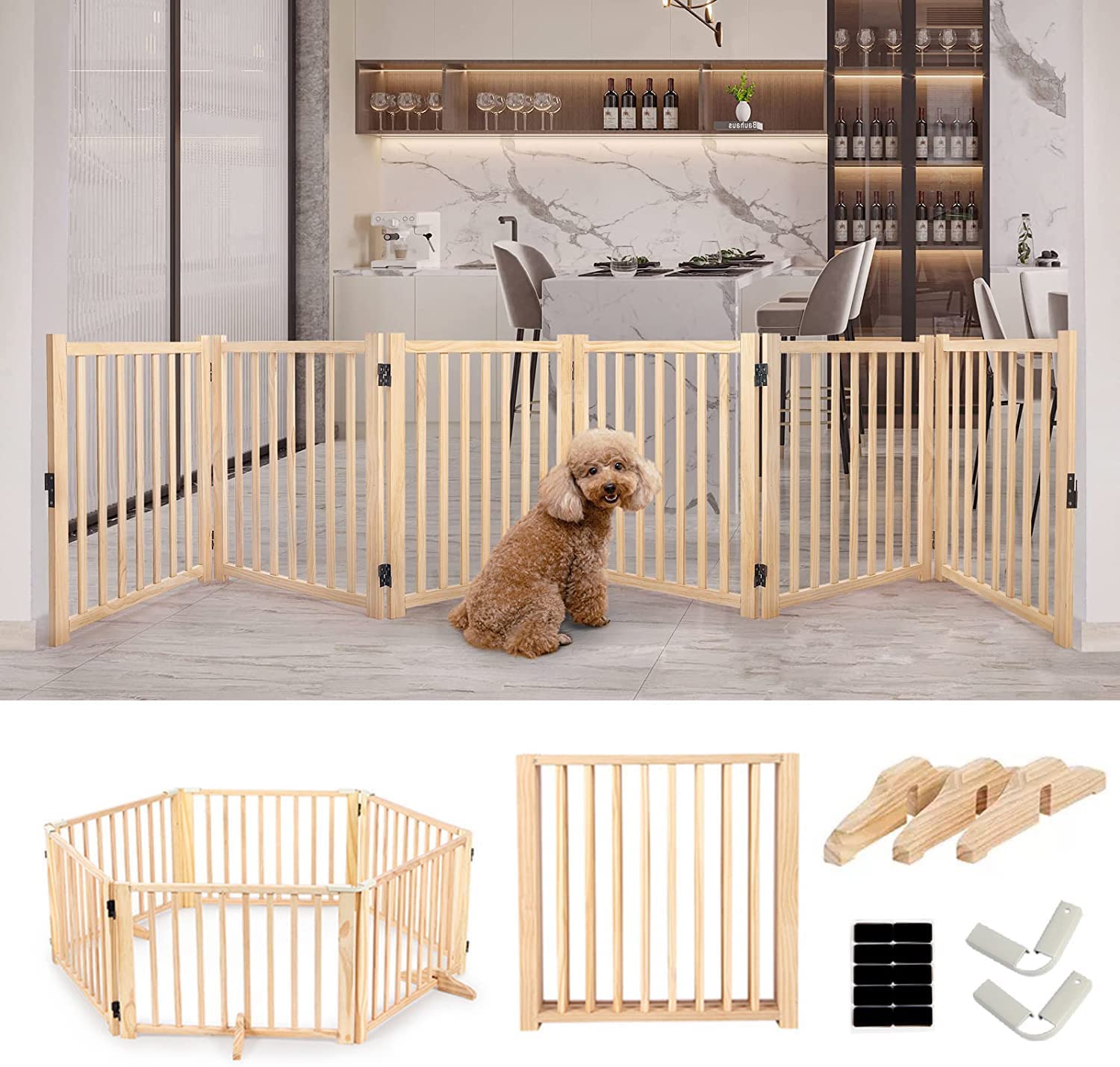 Buy YOCAN Solid Oak Wood Dog Gate Indoor Wooden Pet Gate with Door Walk Through, Accordion