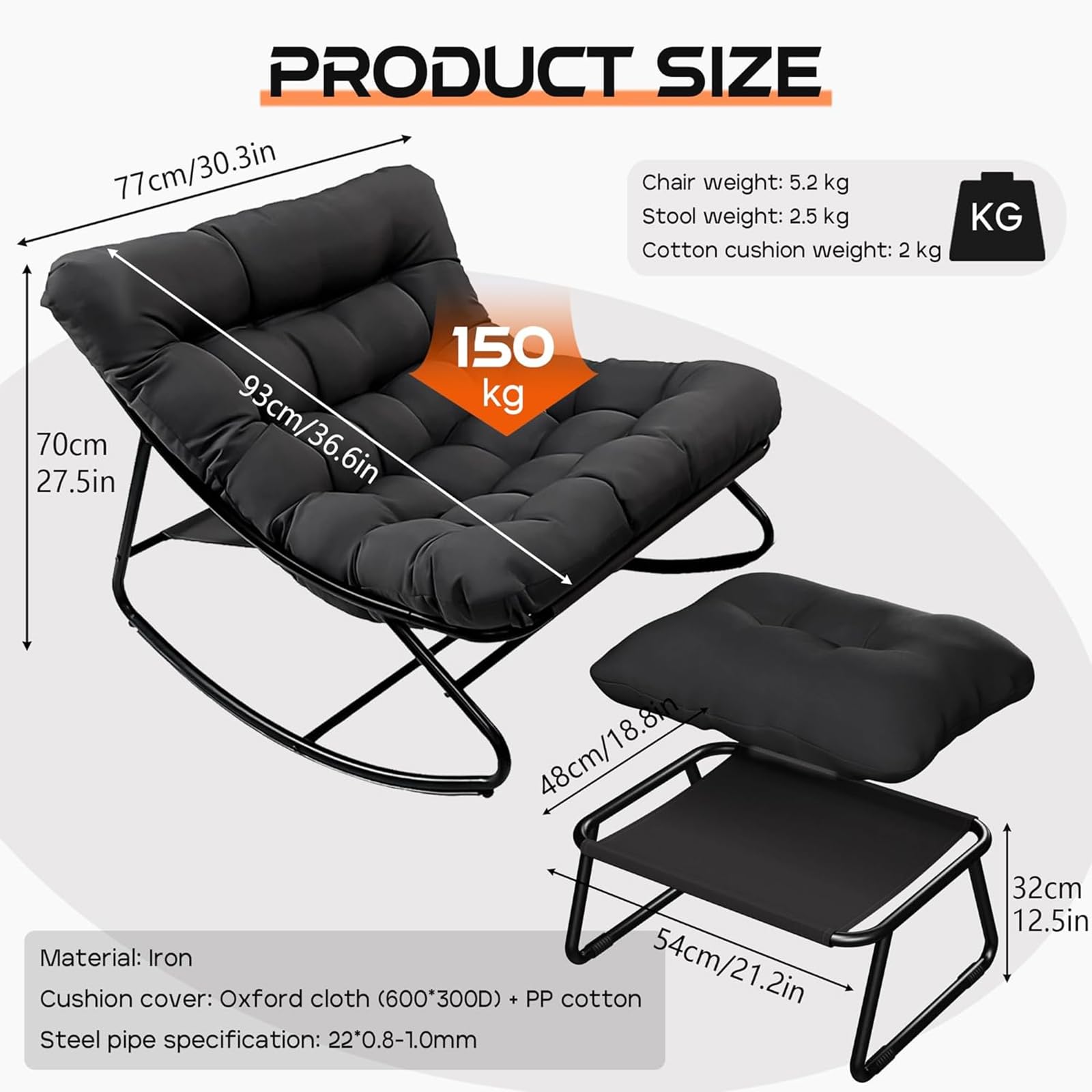 Schaukelstuhl mit Hocker, Schaukelsessel, Schaukelstuhl Wohnzimmer, Relaxstuhl Lesesessel mit Gepolsterter, Outdoor Lounge Sessel, bis 150 kg, für Balkon, Garten (Grau, 100T x 77B x 70H cm)