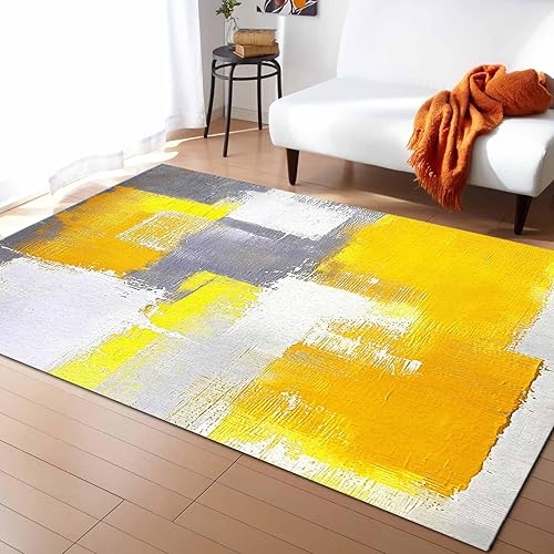 Miniatura 2 de Alfombra amarilla de 3 x 5 pies para sala de estar y dormitorio, alfombra moderna abstracta gris, alfombra suave antideslizante, alfombra de