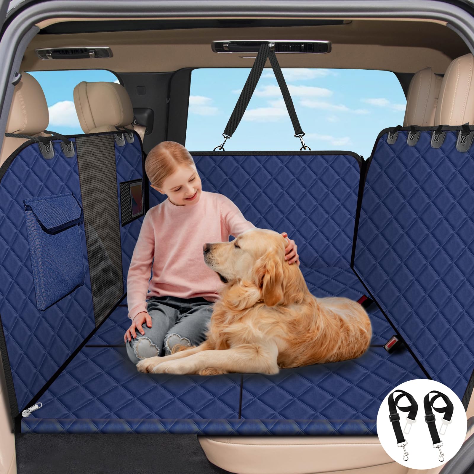Vinstatin Coperta per cani per auto, con robusta tavola in legno duro, impermeabile, prevenzione delle cadute, sedile posteriore per cani, con cinture di sicurezza per tutte le auto, SUV