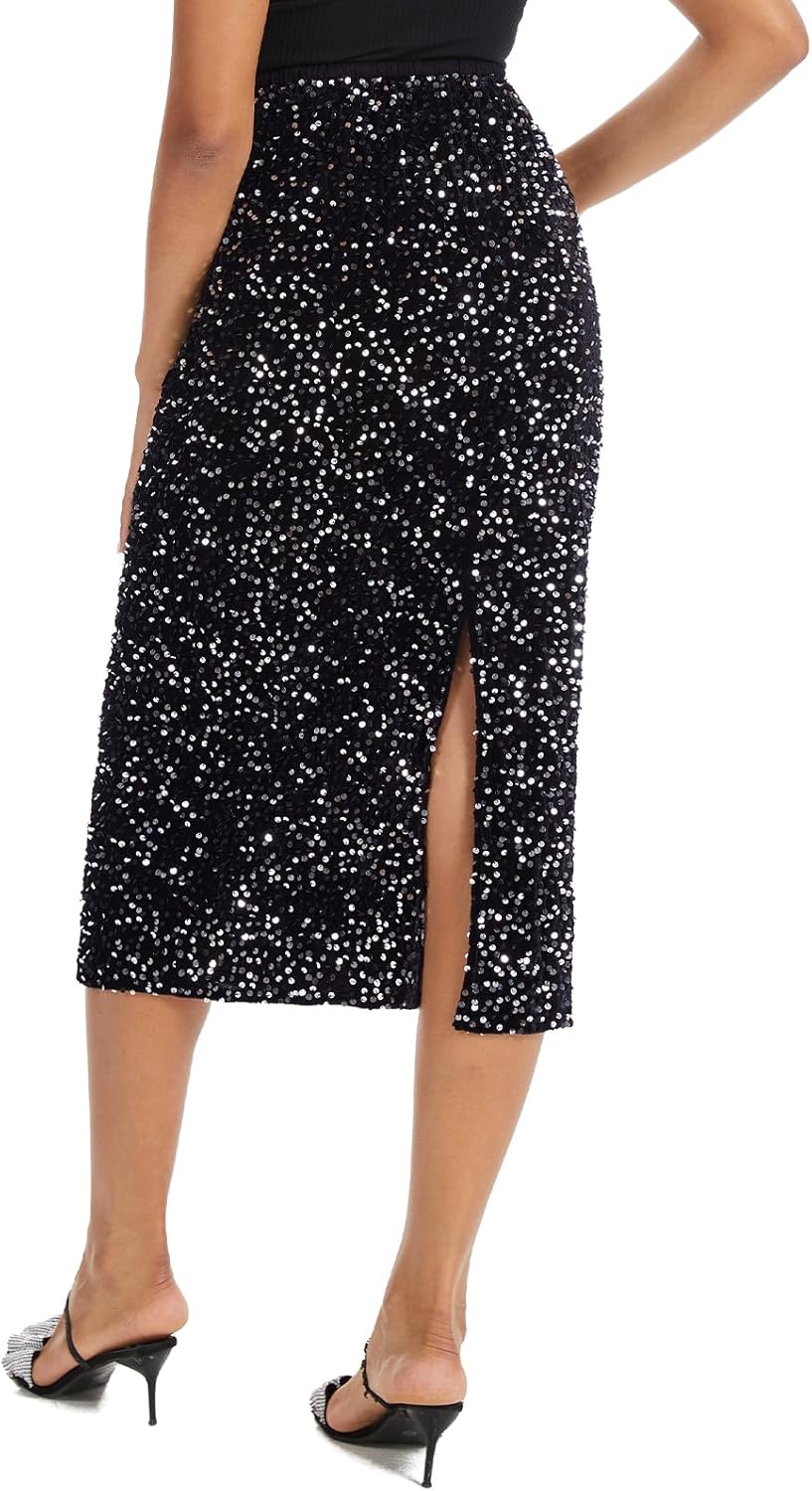 Women's Sequin Velvet Midi Skirt Elastic High Waist Night Out Split Hem Party Skirts - Image 2