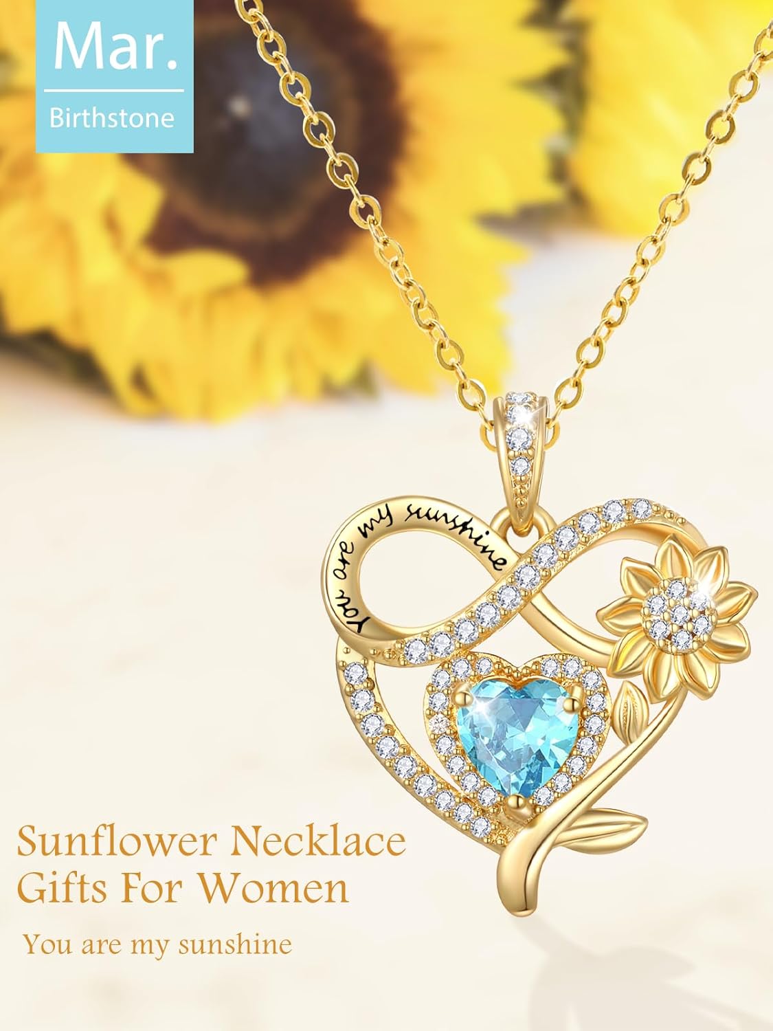 14K Gold Sunflower Heart Birthstone Necklace for Women, You Are My Sunshine Jewelry with Birthstone Pendant, Anniversary Birthday Gifts for Her Wife Mom Grandma Daughter