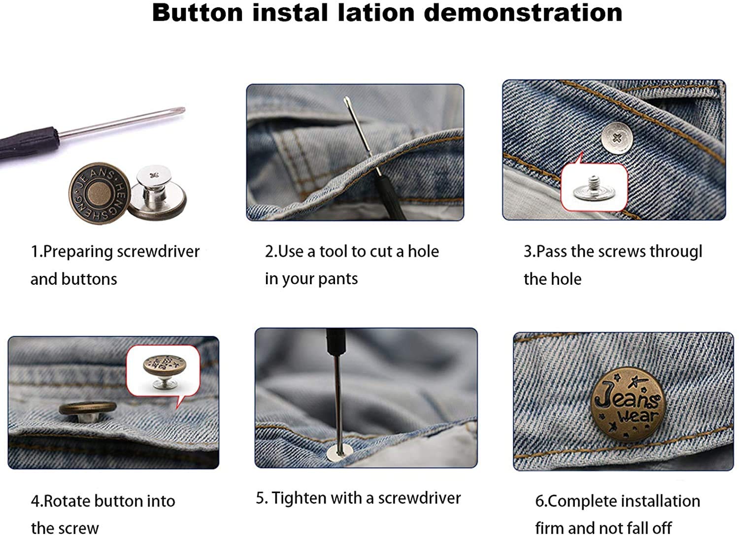 Buy 12 Sets 17mm Replacement Jean Buttons, No Sew Instant Button Detachable Pants Button Pins