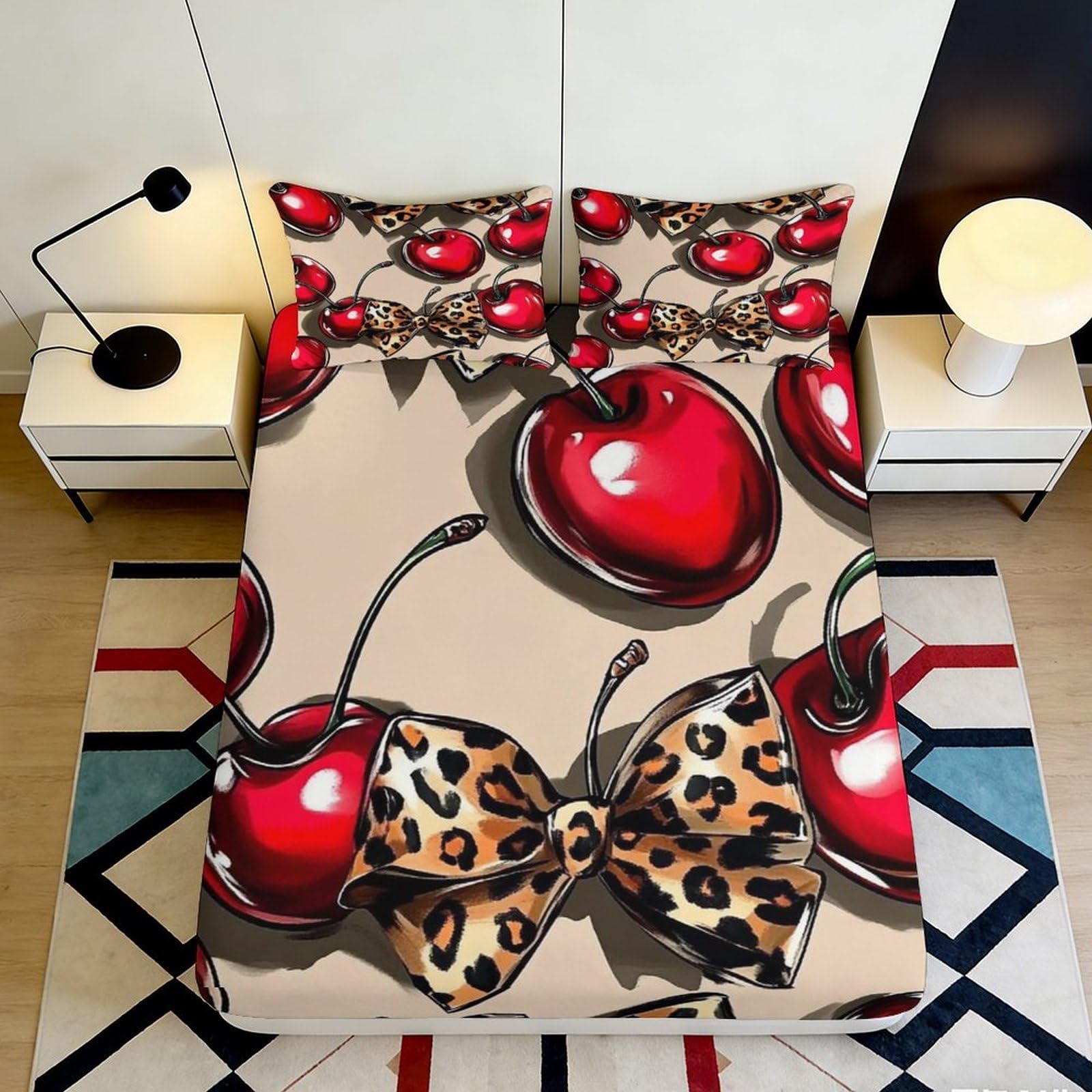 3D Printed Cherry Leopard Bow Fitted Sheet Microfiber Soft Non-slip Bed Cover for Bedroom Dorm Mattress Decor, Easy Care 90x200x25cm