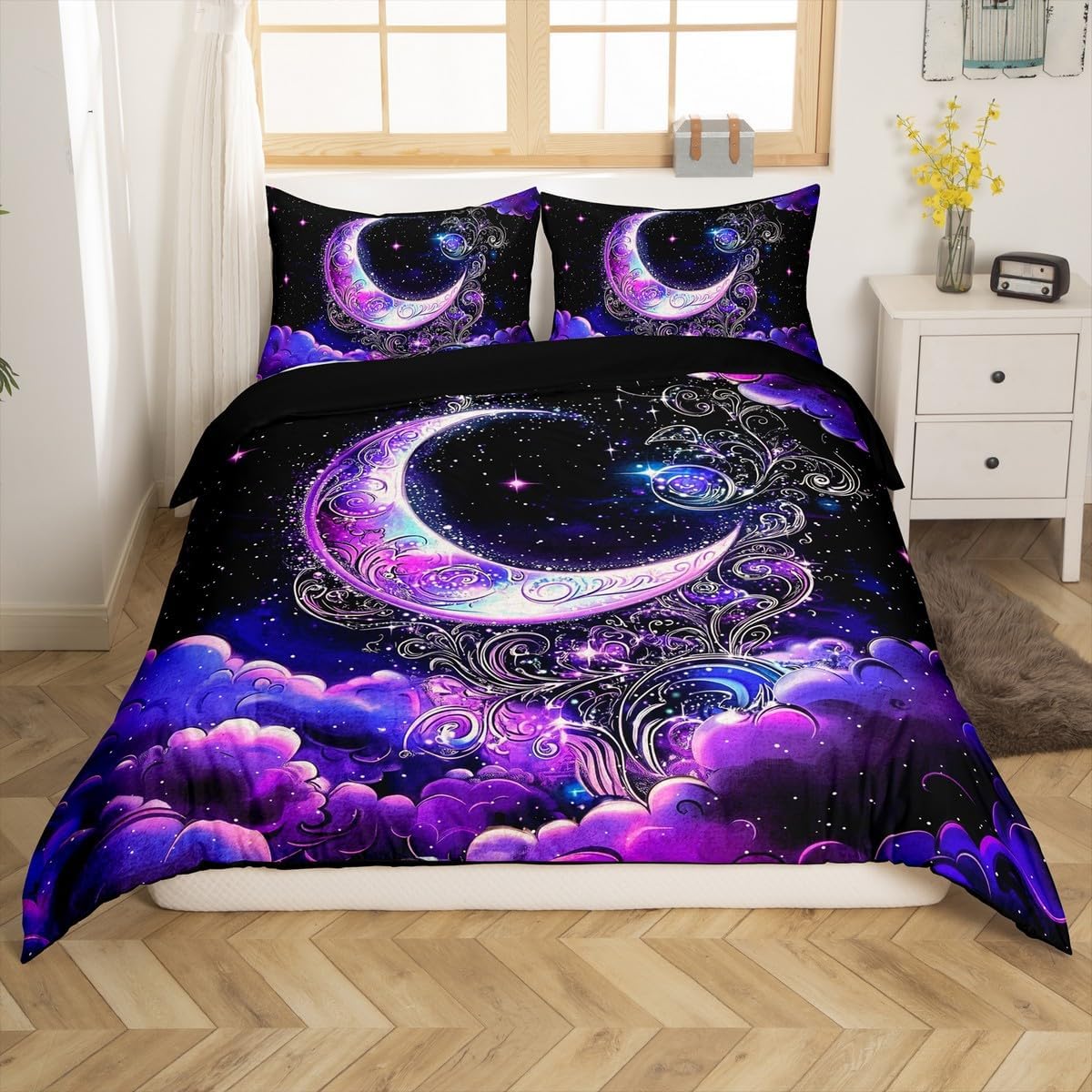 Purple Cloud Duvet Cover Set Toddler Size,Moon Starry Sky Paisley Flower Comforter Cover 2Pcs,Exotic Boho Style Bedding Set Kids Boys Girls Room Decor,Soft Quilt Cover,1 Pillowcase(NO Comforter)