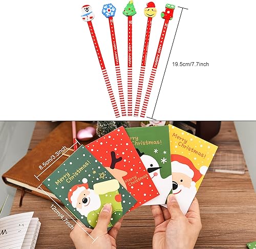 Miniatura 6 de Outus 15 Pieces Christmas Pencils with Erasers and 10 Pieces Mini Notepads Notebook Snowman Santa Claus Elk Pattern Notebook for Christmas Game