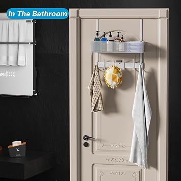 Over The Door Hooks Organizer, Over The Door Towel Rack with Mesh Basket and 10 Coat Hooks, Bathroom Door Organizer Back of Door Hanger Organizer for Bedroom, Kitchen(White)