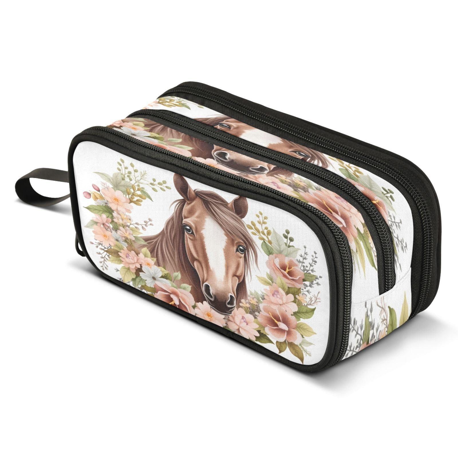 Mnsruu Horse Head Flowers Pencil Case Large Capacity Pen Bag Girls Boys Pencil Pouch Stationery Organizer Holder Zipper Pen Case for School Office