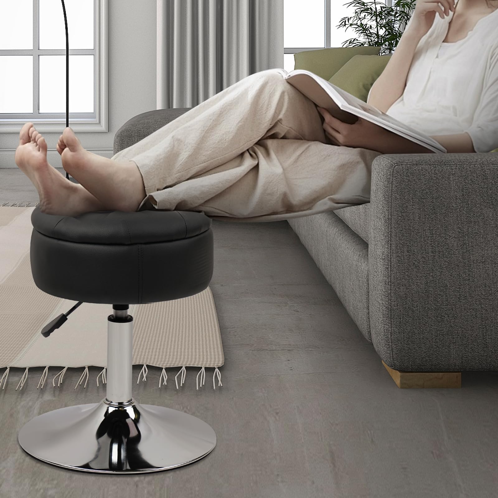 Klasika Tabouret de Coiffeuse avec Rangement, Pivotant à 360° Réglable en Hauteur Tabourets Chaise de Maquillage Rembourré, Rond Vanité Siège pour Chambre à Coucher, Salon, Noir