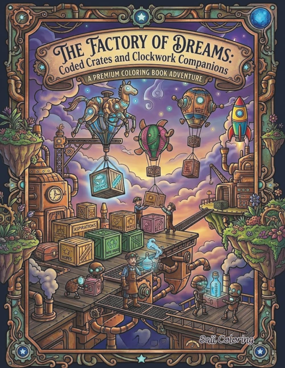 The Factory of Dreams: A Steampunk Journey into Imagination: Whimsical Inventions, Clockwork Hearts, and Celestial Wonders Coloring Book for Adults and Teens