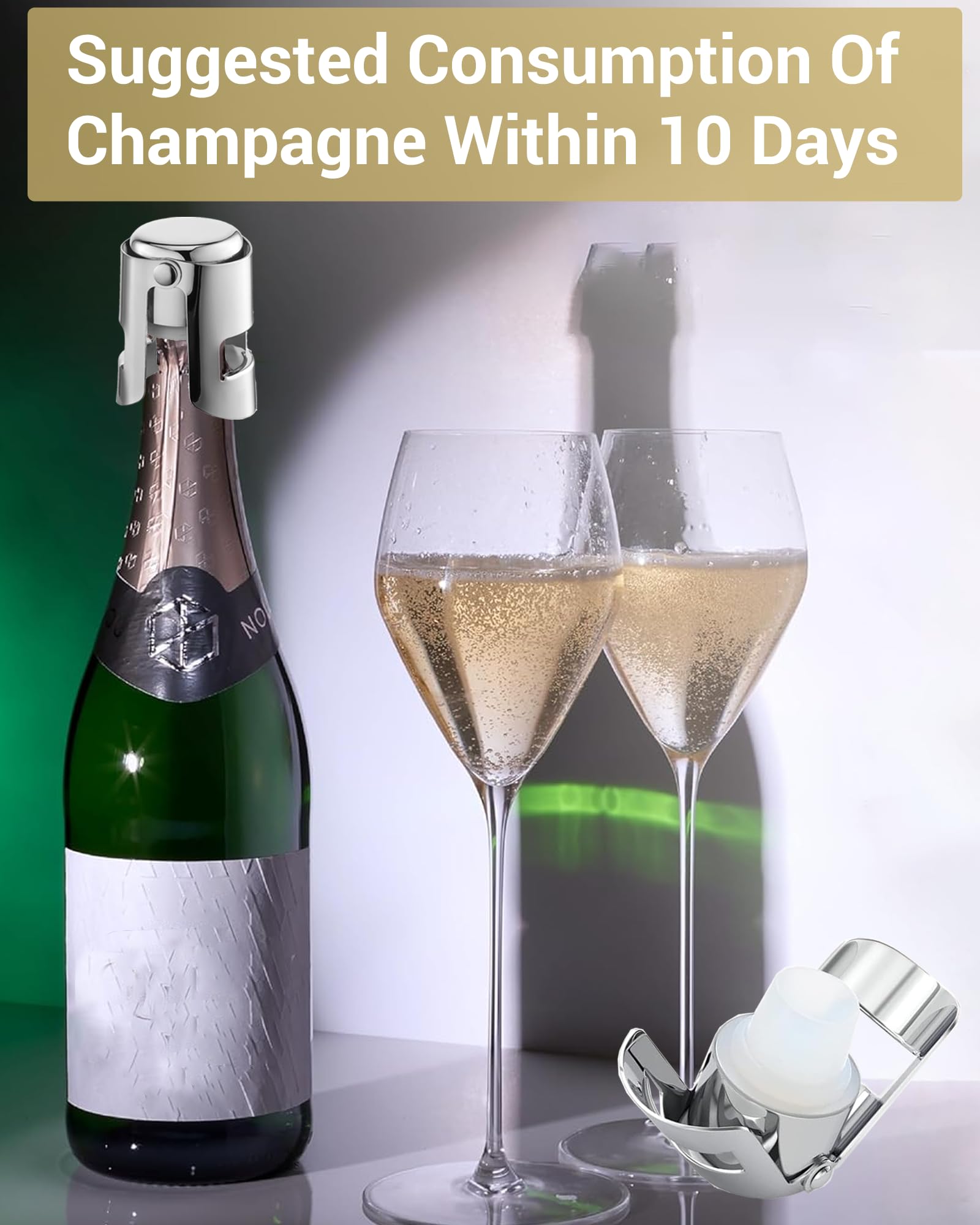 Tapones de champán, paquete de 2 tapones de vino de acero inoxidable a prueba de fugas con sello de silicona para cava, prosecco y más, color plateado 5