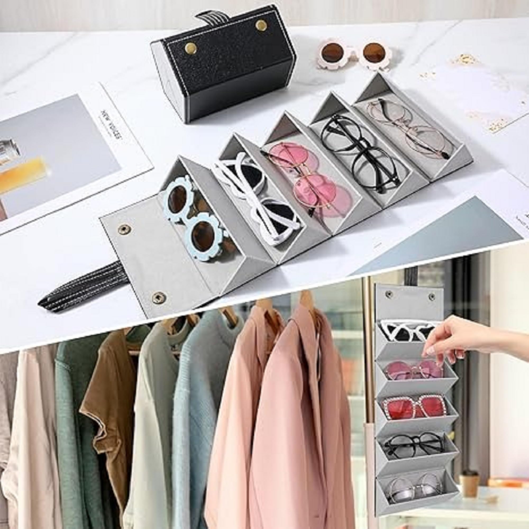 VIVUE 5 Slots Travel Sunglasses Organizer Case With Goggles Cover for Men Women, PU Leather Foldable Eyeglasses Case With Hanging Strip, Glasses Storage Box for Spectacles, Goggles - Image 5 thumbnail