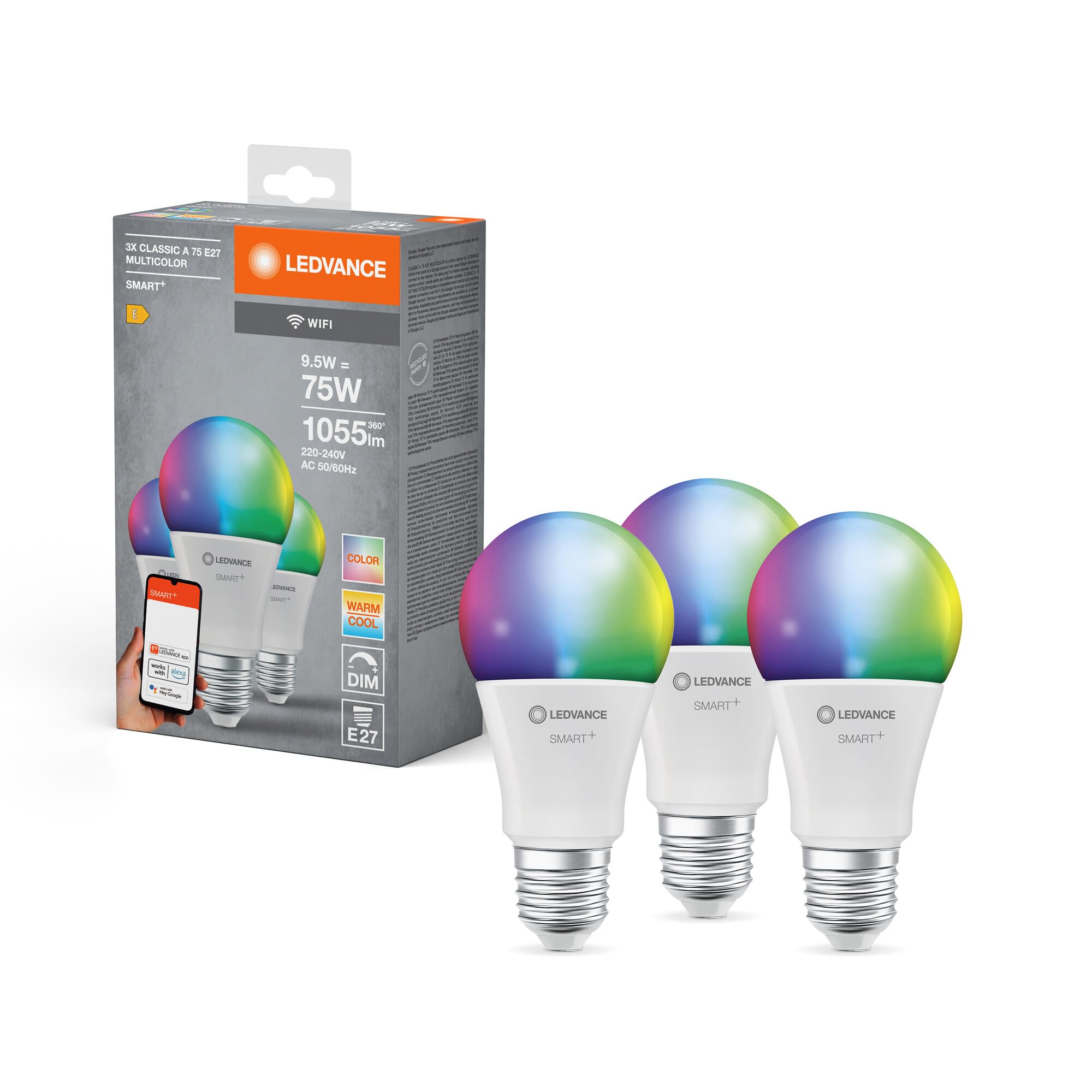 LEDVANCE Inteligentna lampa LED z technologią WiFi E27, optyka matowa, Możliwość zmiany kolorów RGBW, możliwość zmiany barwy światła (2700K-6500K), 1055 Lumen, zamiennik dla 75W, 3-pak