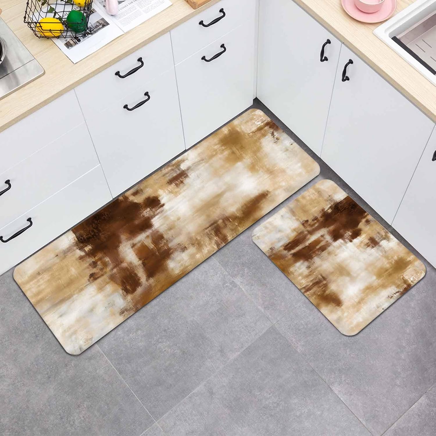 Prime Leader Gradient Khaki Brown Kitchen Mat Set 2 Pieces Abstract Vintage Brown Khaki Oil Painting Non Slip Kitchen Rugs Washable Runner Rug Mats for Sink Laundry (19.7" x 31.5"+19.7" x 47.2")