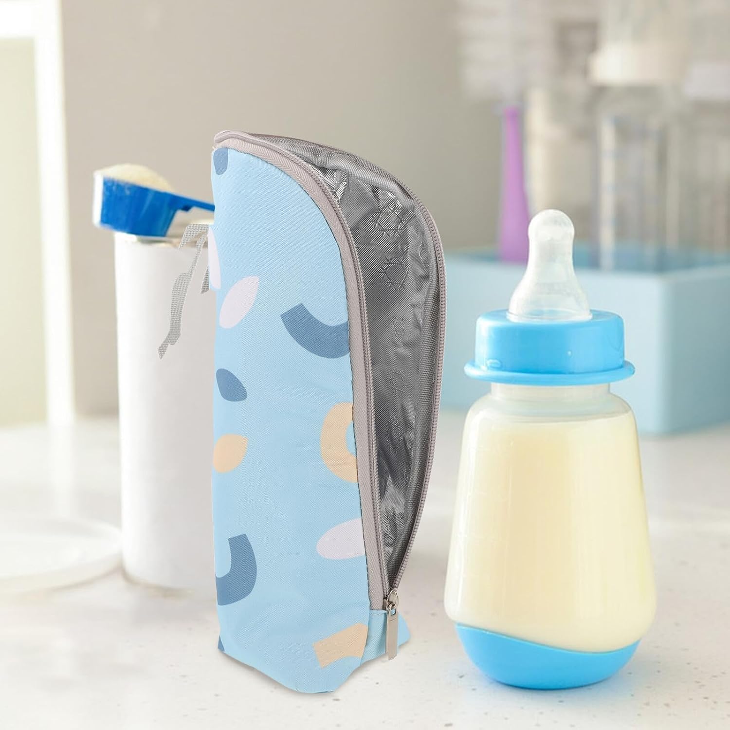 Bottle Thermal Bag Insulated Sleeve Cover Large Capacity Aluminum Milk Bottle Carrier for Daycare Travel with Beige Geometric Print