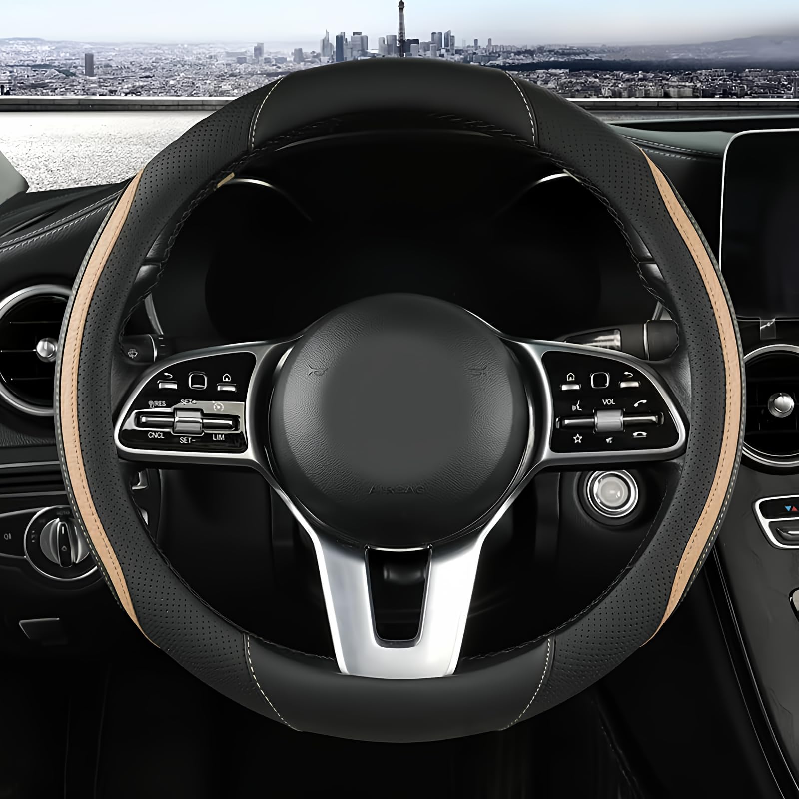 Car Steering Wheel Cover, Leather Steering Wheel Cover Beige Universal 14.5-15 Inch Microfiber Leather Anti-Slip Breathable Auto Steering Wheel Covers for Men Women (Black&Beige)-image-33