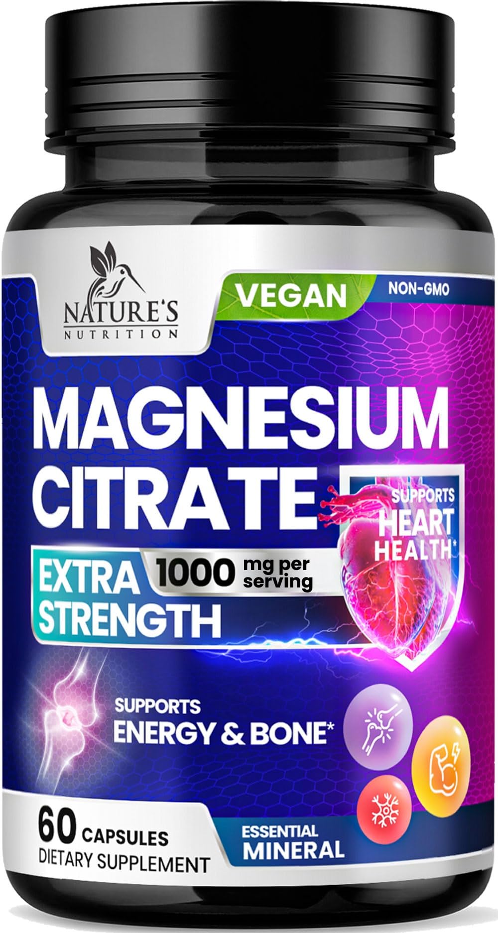 Magnesium Citrate 1000mg Per Serving - 3X Strength Magnesium Supplement for Bone, Muscle, Heart, Natural Sleep Support for Men & Women, Vegan Mag Mineral Pills, Non-GMO, Bottled in USA - 60 Capsules 60 Count (Pack of 1)