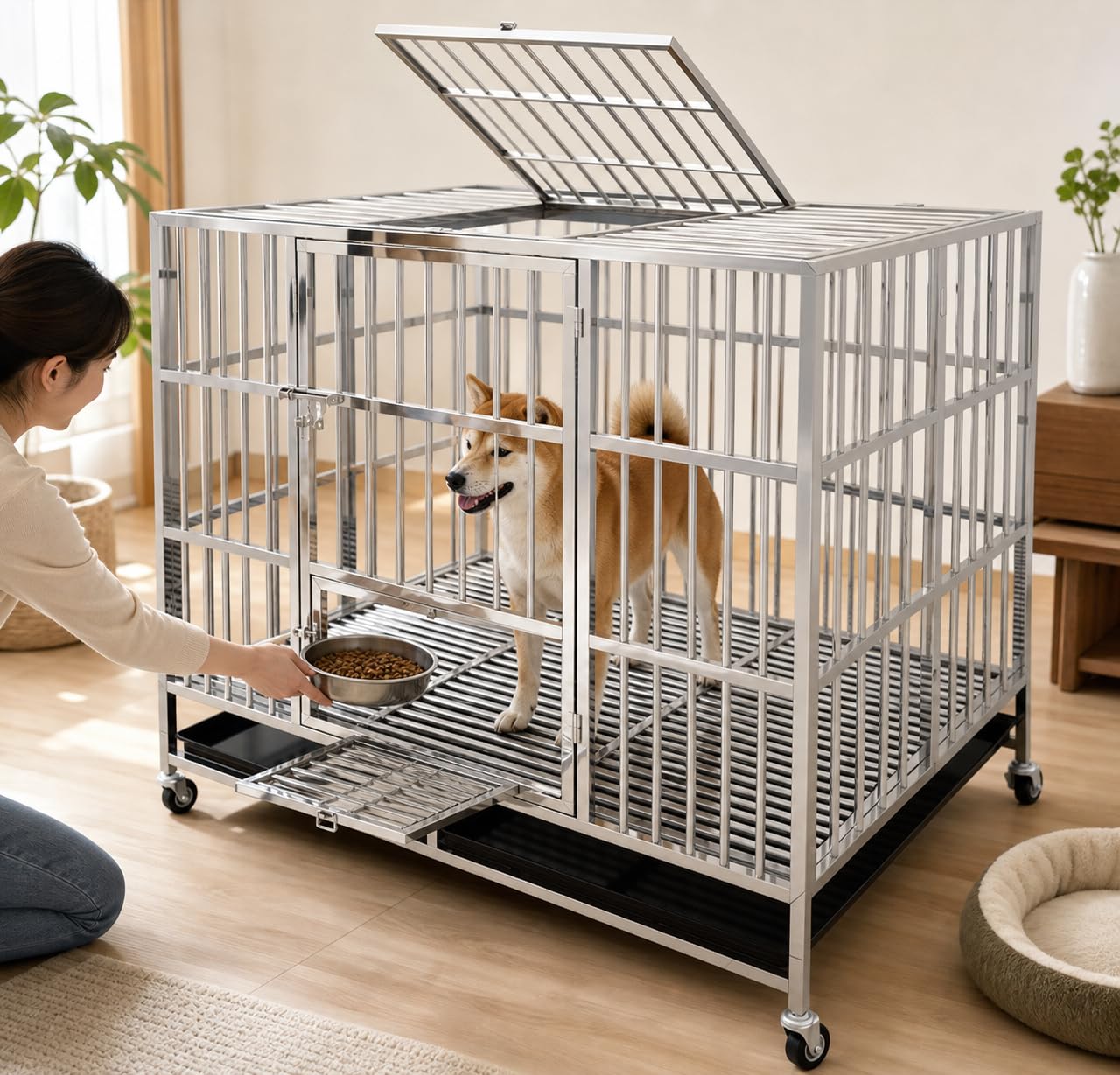 Amazon.co.jp: ステンレス製 大型犬用ケージ キャスター付き 頑丈な