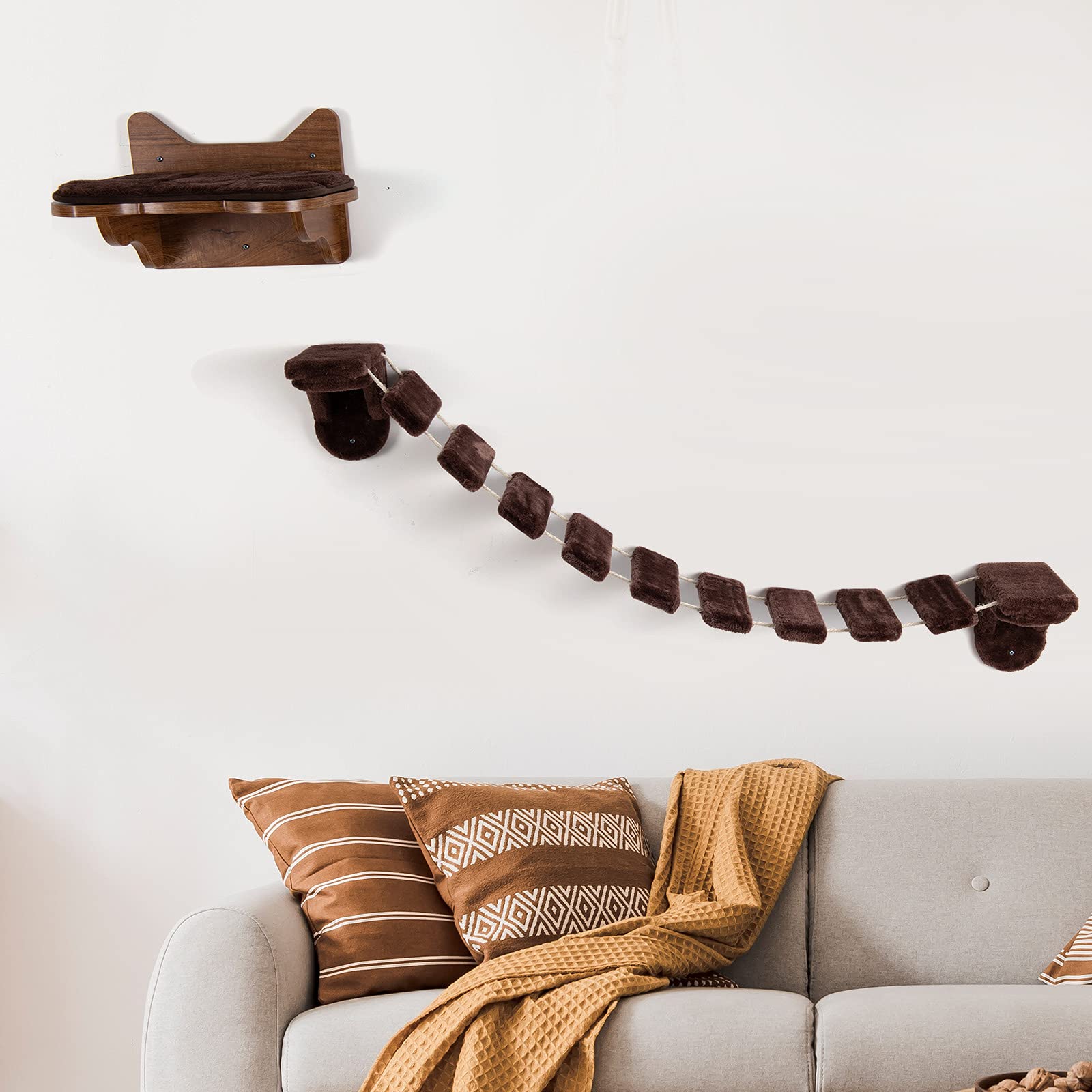 COSTWAY Kletterwand Katzen, 2 in 1 Katzenbrücke und Katzenliege, Katzenhängematte Wand Set, Hängebrücke Katzentreppe, Katzenbett Wandliege Hängematte, Katzenmöbel für Katze bis 10 kg, Braun