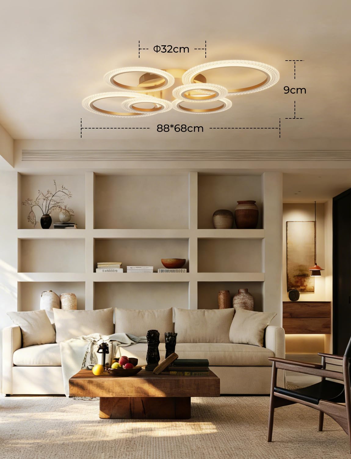 Smart LED Deckenleuchte Dimmbar 88cm, WiFi Deckenlampe, Alexa & Google Home Kompatibel, CCT 3000K-6500K Stufenlos Einstellbar mit Fernbedienung & App, Modernes Design für Wohnzimmer, Gold