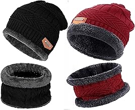 EMPOISON Woolen Beanie/Skull Cap & Neck Warmer (Muffler) Combo For Winters With Faux Fur Inner Side | Warm Hat | Hedging Hat Scarf Set |Air Proof Cap | Woolen Cap | Ear Warmer Cap Pack Of 2 Set