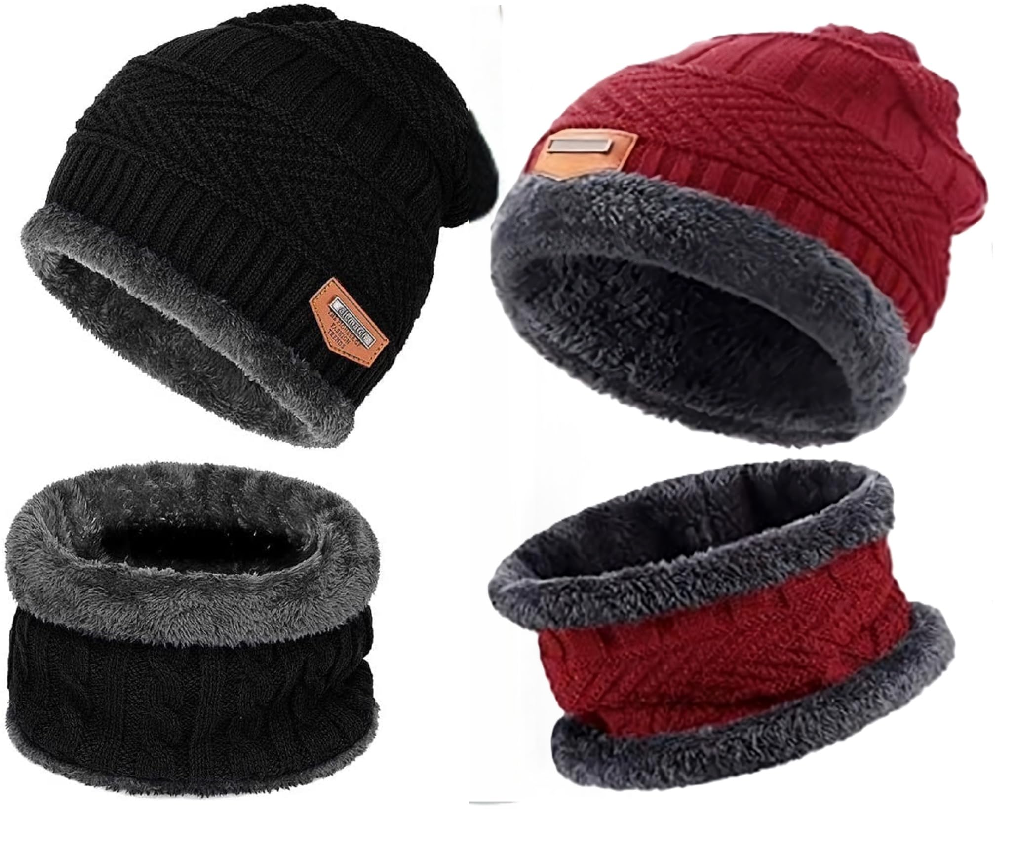 empoison woolen beanie/skull cap & neck warmer (muffler) combo for winters with faux fur inner side | warm hat | hedging hat scarf set |air proof cap | woolen cap | ear warmer cap pack of 2 set