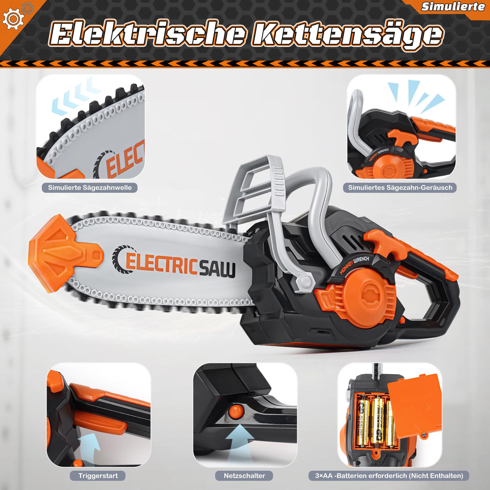 Vanplay Werkzeugkoffer Kinder Luxusmodell, Spielzeug Geschenk Junge Kinder ab 3、4、5 Jahren mit Elektrobohrmaschine Kettensäge Winkelschleifer Kreissäge, Aufbewahrungstasche
