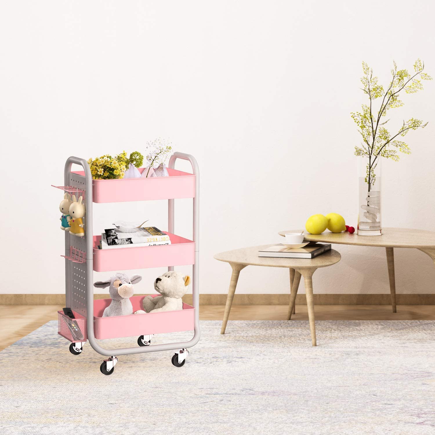 EUREKA ERGONOMIC Pink Rolling Cart,Storage Trolley,3-Tier Utility ...