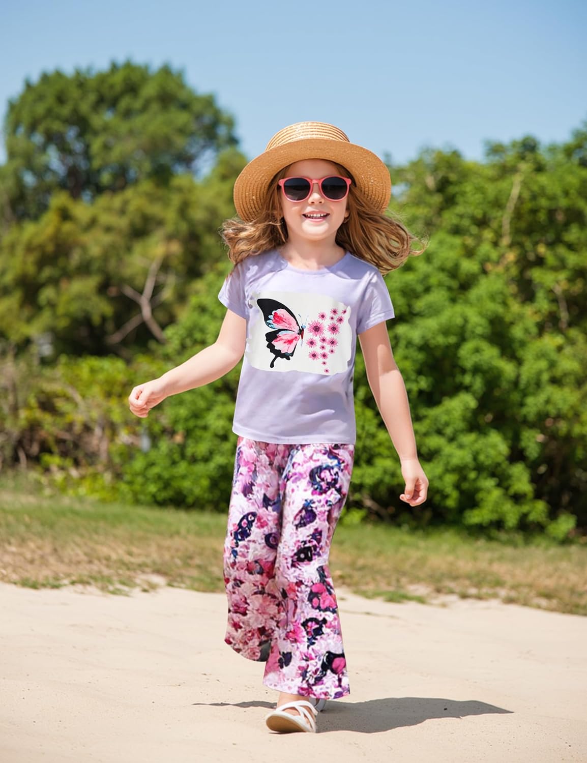 Toddler Girl Clothes Sunflower Graphic Top + Butterfly Flare Leg Pants Set 2PC Summer Clothing Set - Image 3