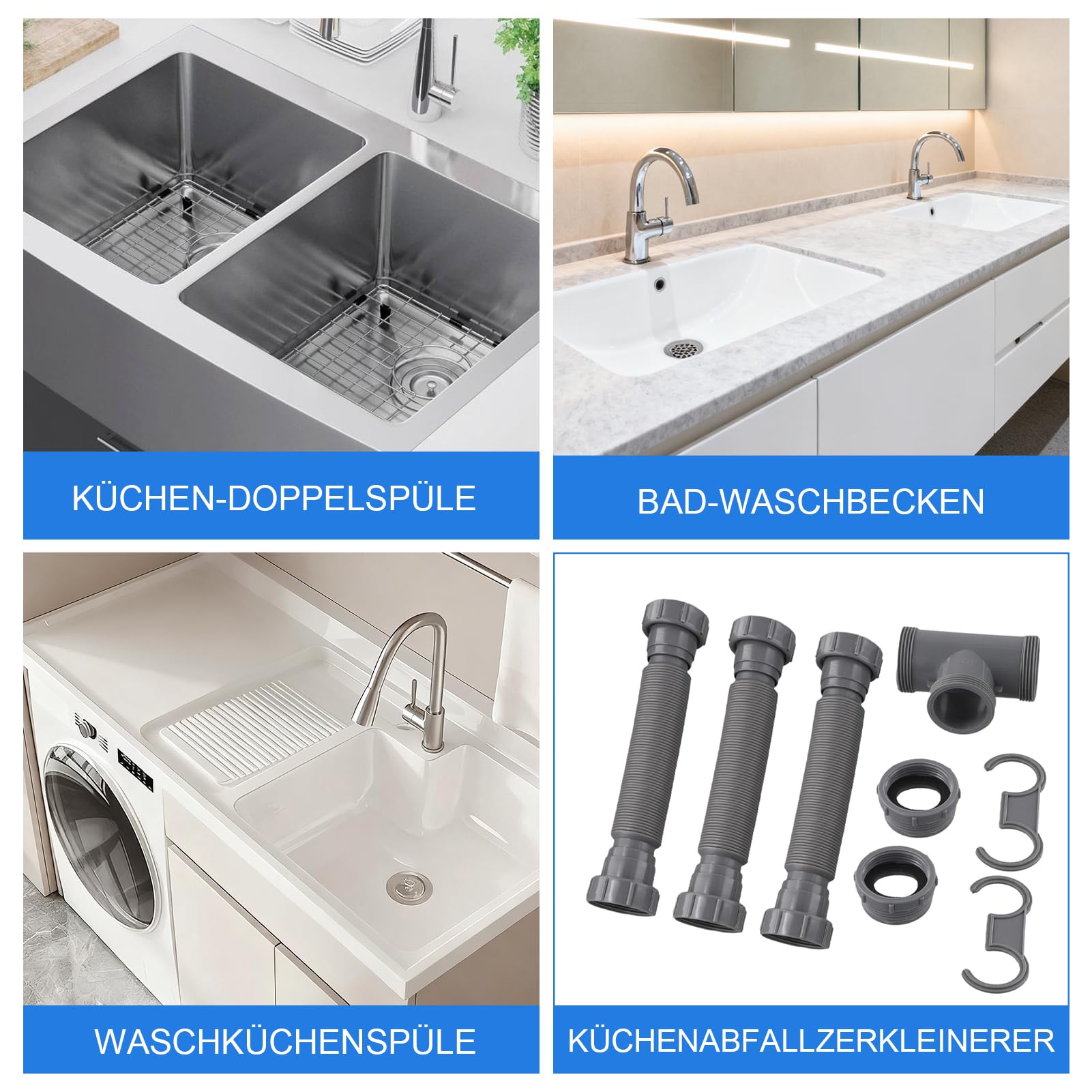 Kit de drenaje de doble fregadero, manguera de drenaje flexible, diseño PTrap, con sellos para un ajuste seguro en cualquier espacio, fácil de instalar y solut a prueba de fugas
