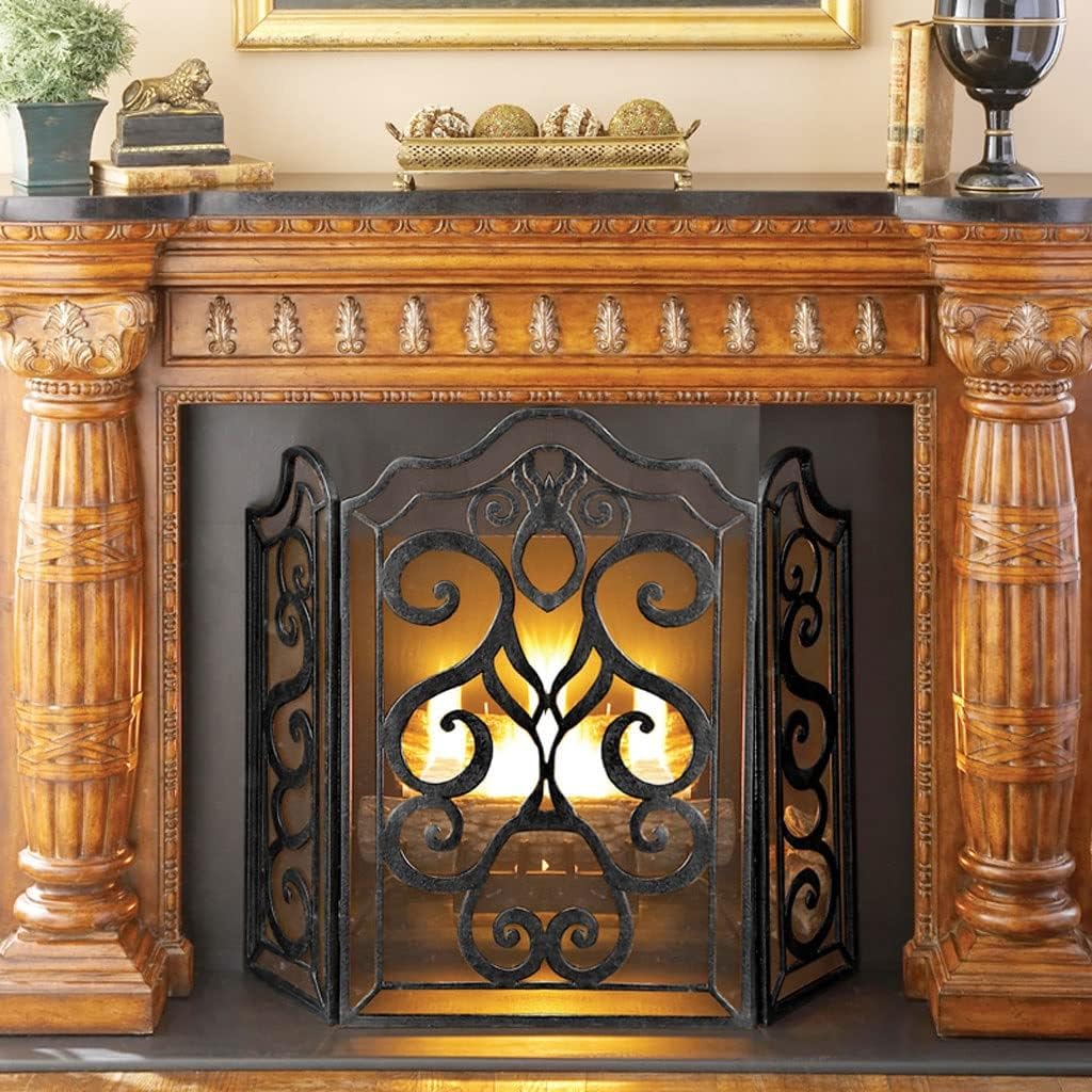 Indoor Retro Decorative Foldable Fireplace Screen Metal Black Hollow Carved Three-Panel Fireproof Partition Screen Fireplace Spark Guard Fire Place Assecories Sets (A)