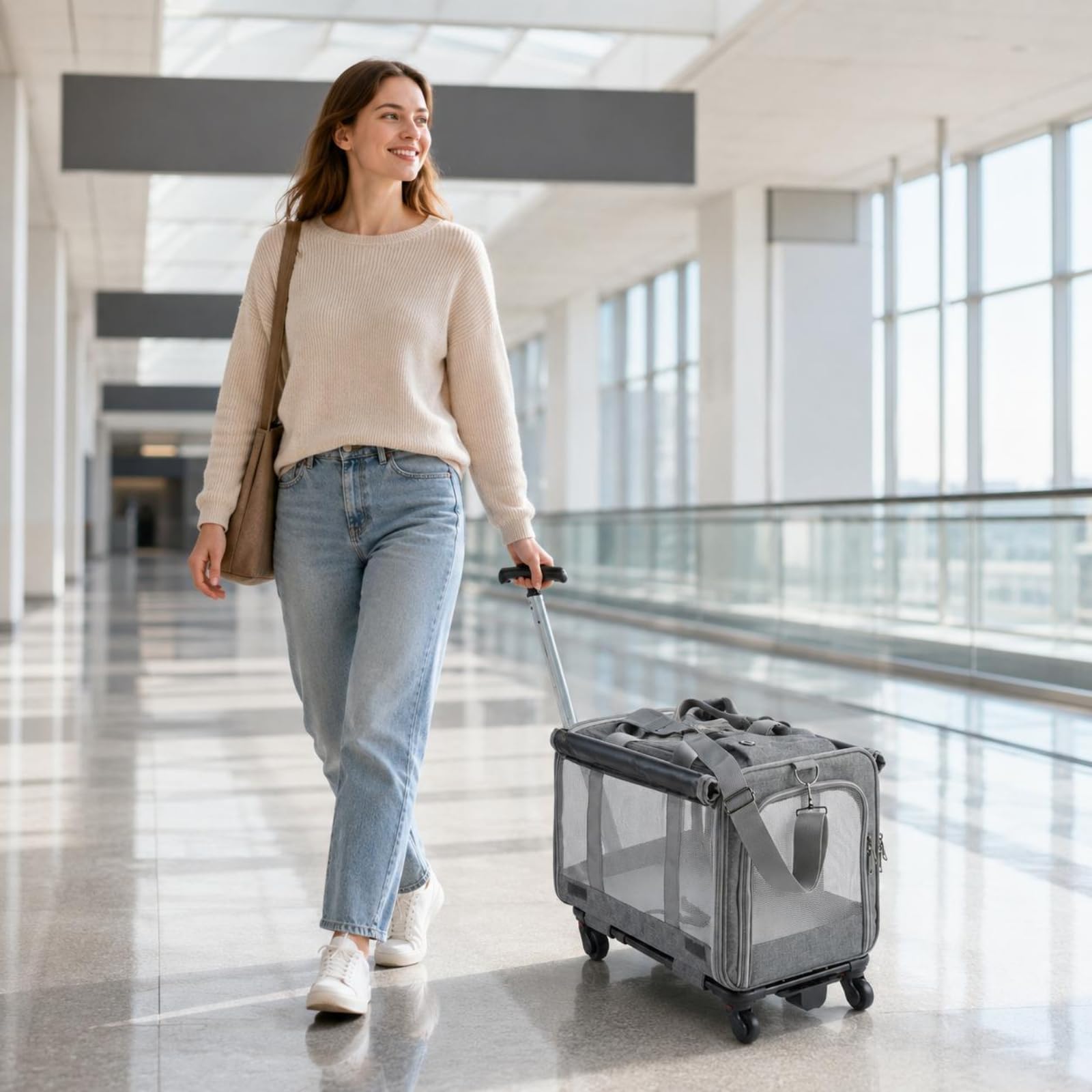 Industrial Carrier Tierrolltasche Transportkoffer Haustier Tasche Rollbehälter mit Metallrahmen Und Mesh-lüftung Vielseitigen Griffen Und