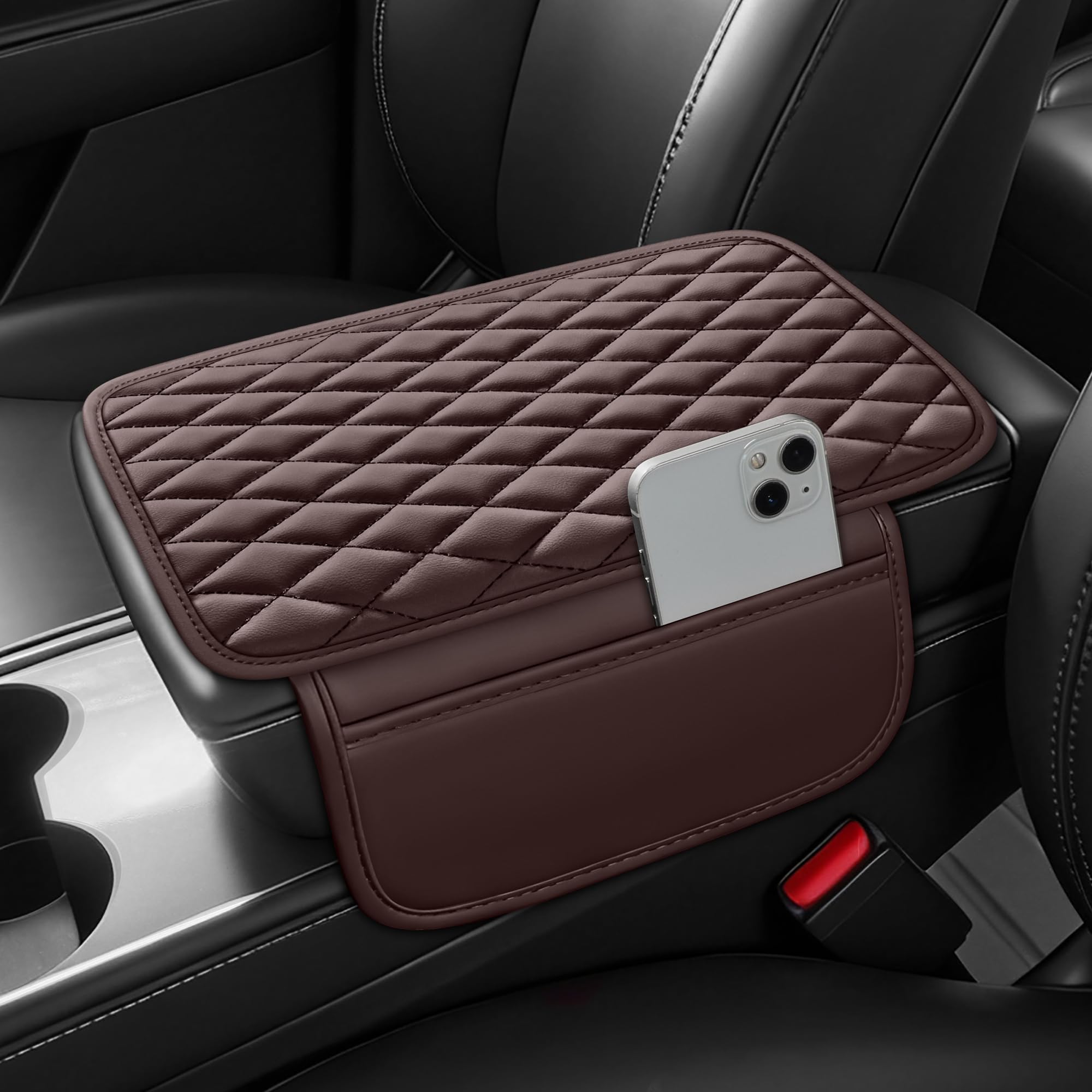 Waterproof Leather Car Center Console Pad with 2 Storage Bags, Auto Armrest Box Cover Protector, Comfortable Interior Accessories for Most Household Cars, Sedans & SUV(Coffee Brown)