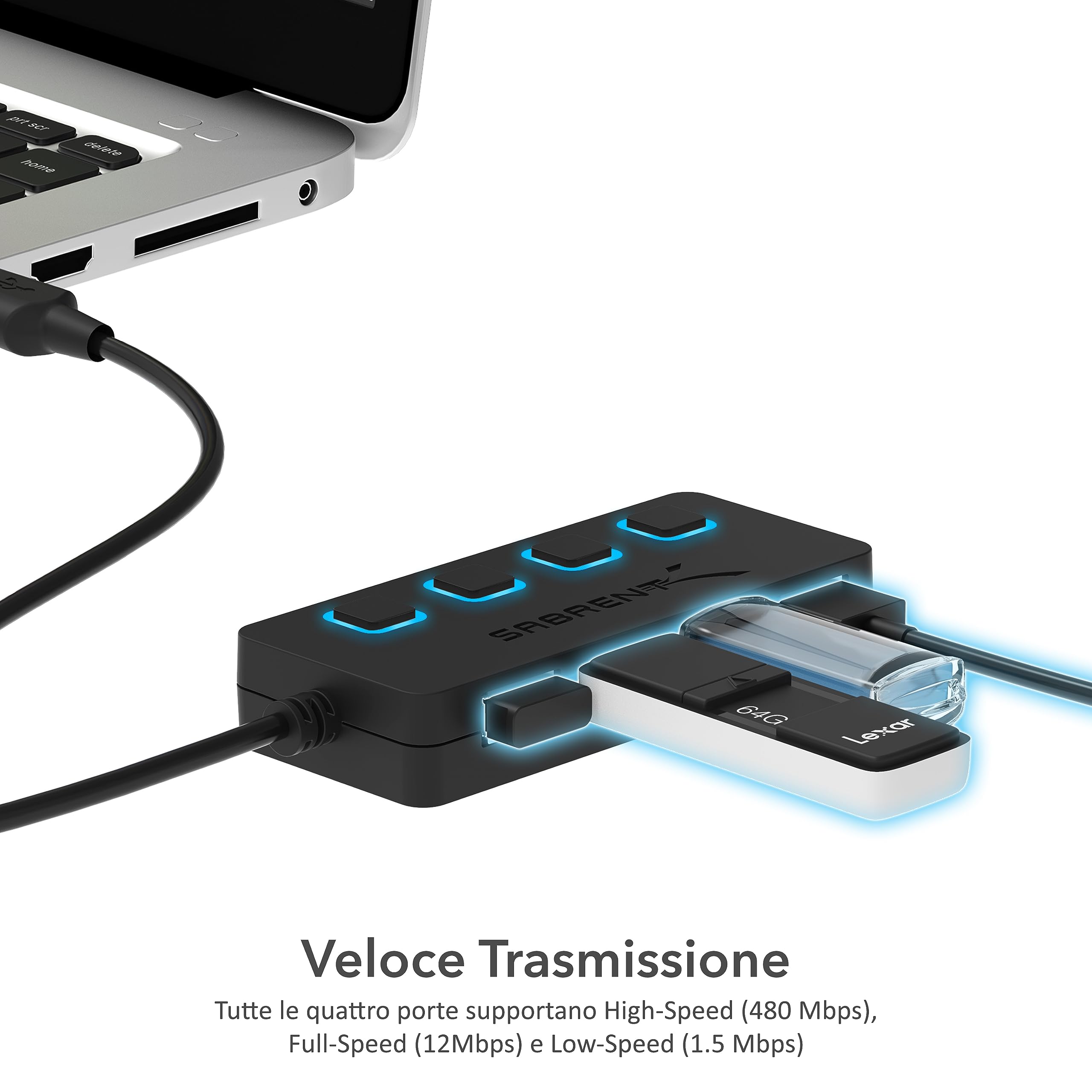 Sabrent Hub USB 2.0 a 4 Porte con Interruttori di Alimentazione singoli e LED (HB-UMLS)