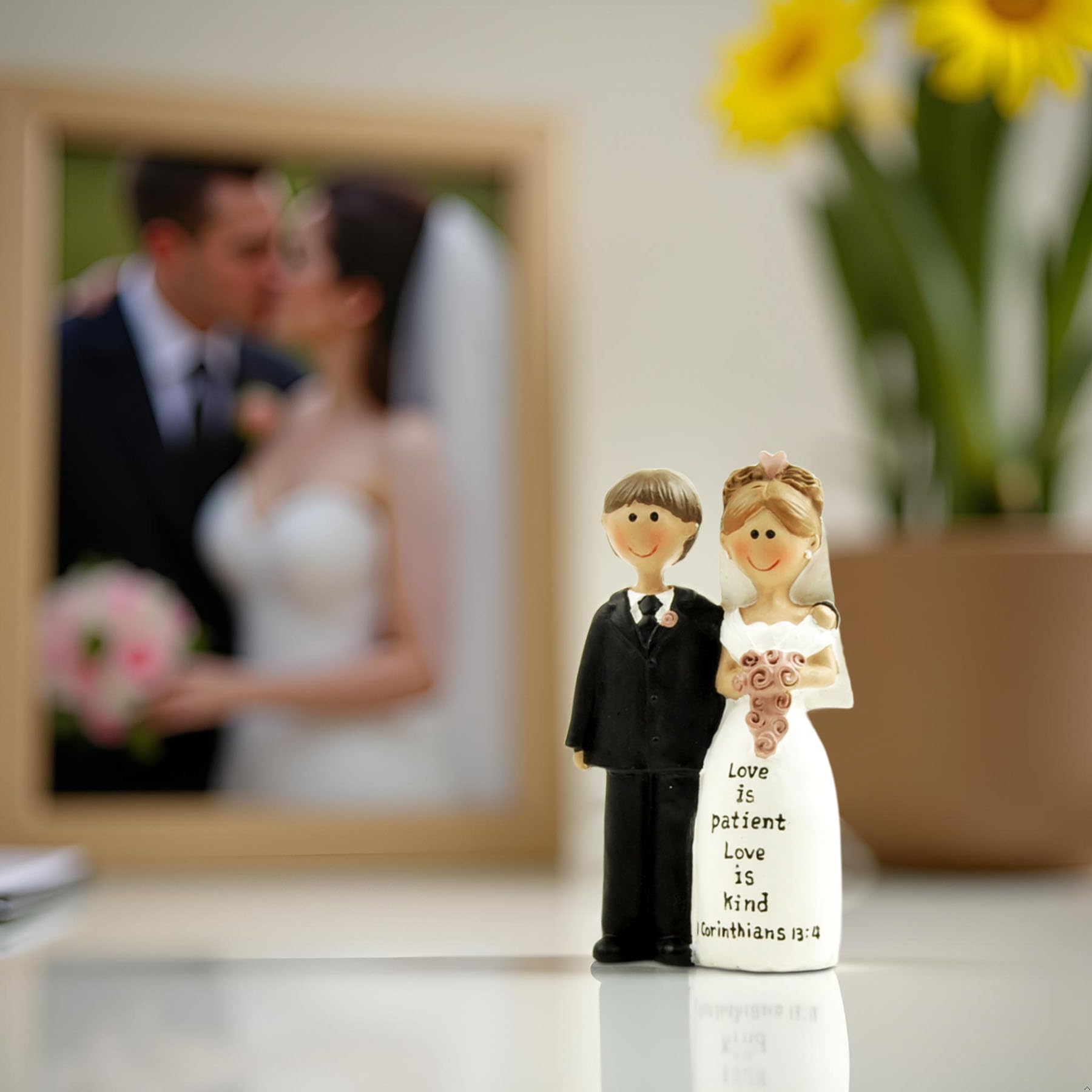 Bride and Groom Wedding Cake Topper, Resin Figurine with “Love is Patient, Love is Kind” Bible Verse, Vintage Cake Decoration - Image 2