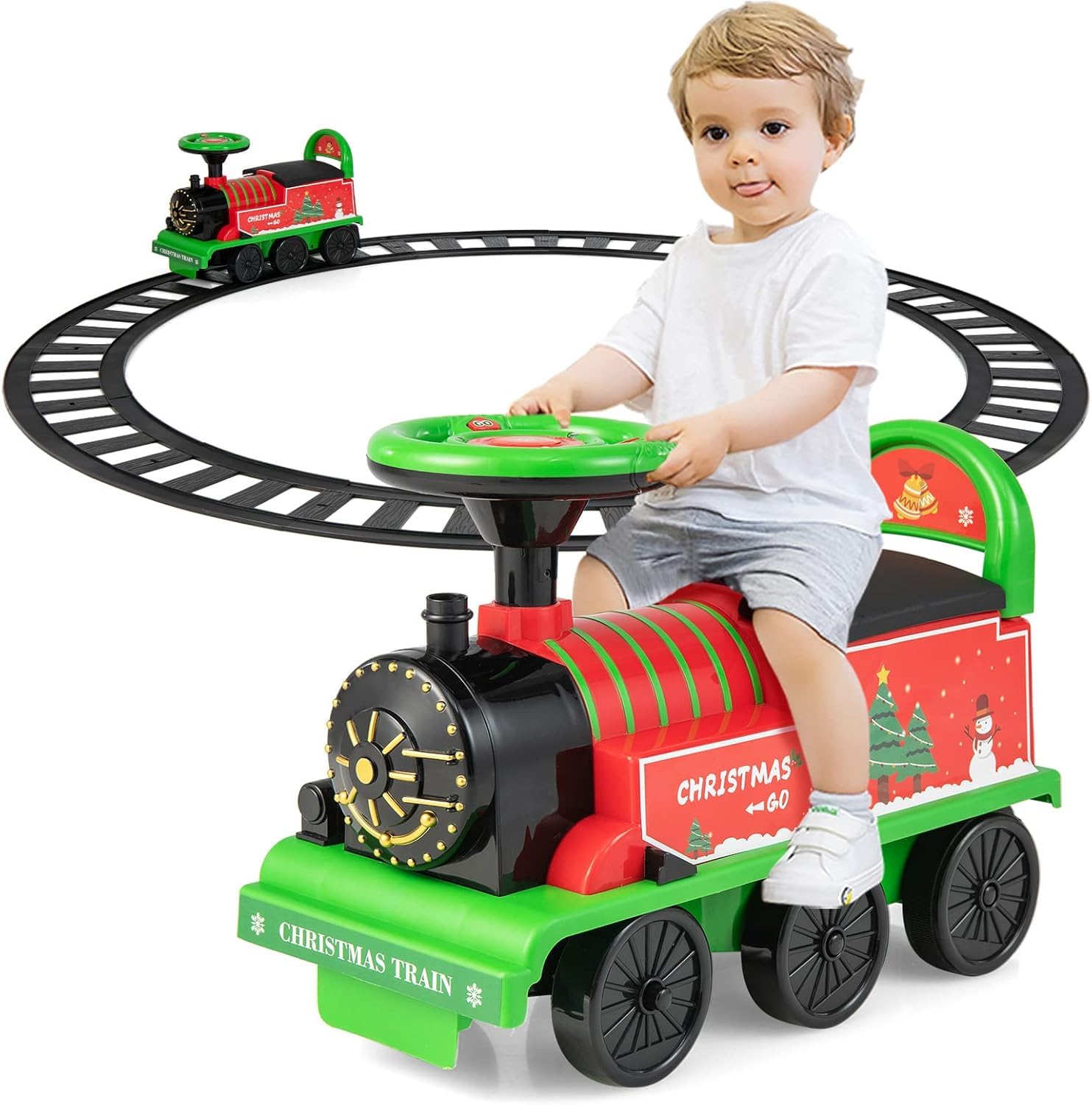 OLAKIDS Kids Ride On Train with Track, 6V Electric Toy with Lights and Sounds, Retractable Footrest, Under Seat Storage, Christmas Theme Battery Powered for Toddlers Boys Girls (Chrimbo)