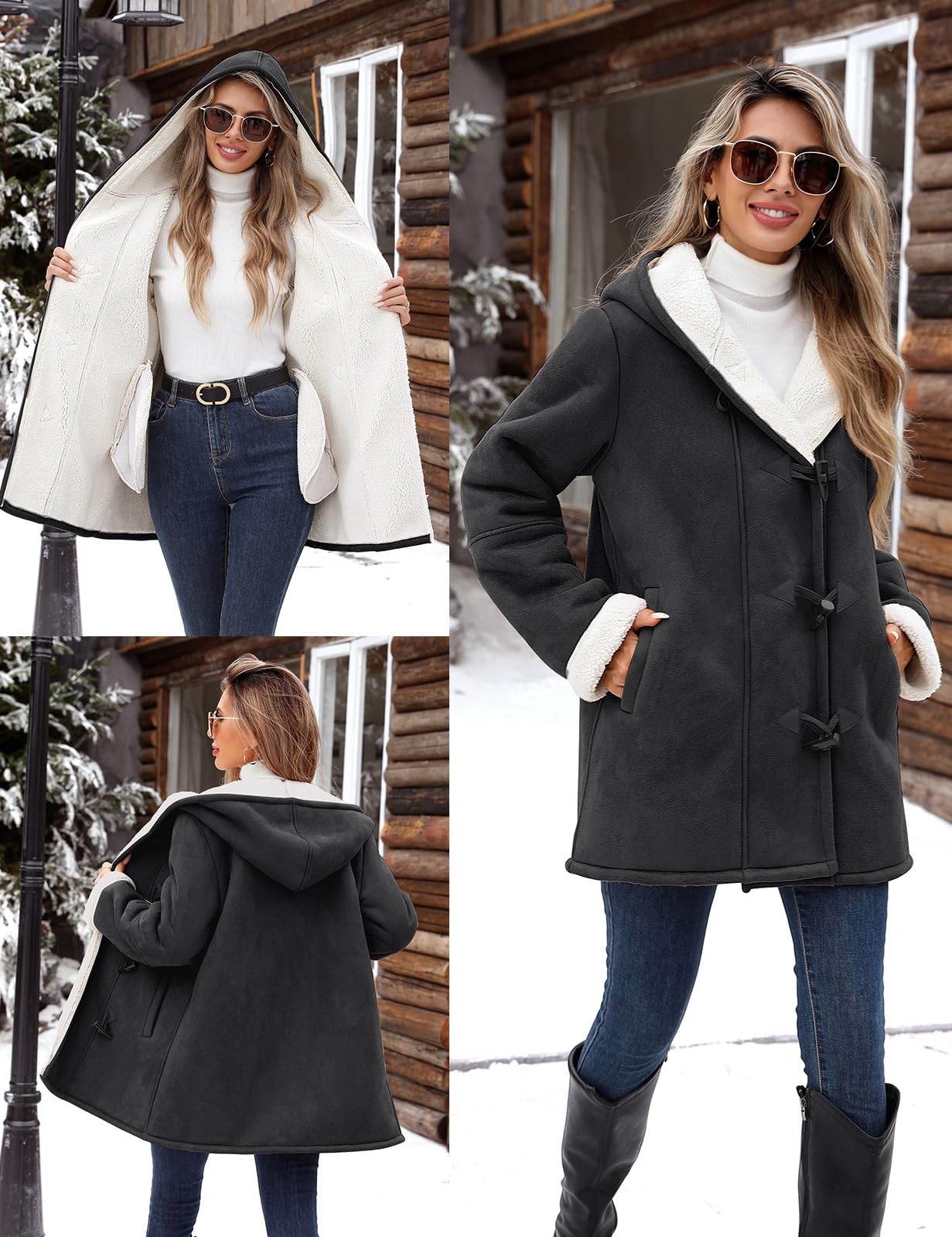 Svanco Manteau Femme Hiver Polaire Chaud Veste Longue Blouson Sweat à Capuche Épais Chic et Elegant Parka Grande Taille Sherpa Coat avec Bouton de Corne Casual Vêtements